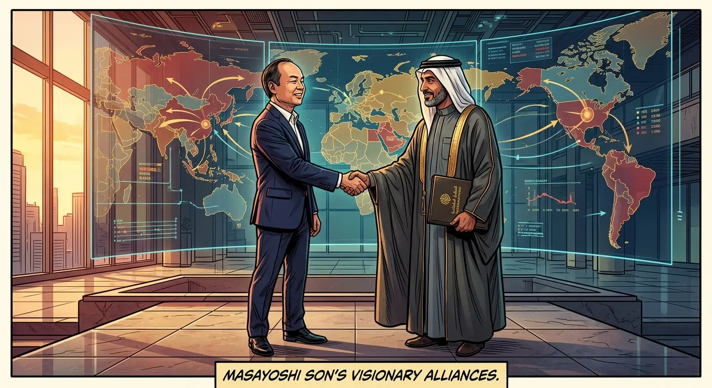 Masayoshi Son shaking hands with a representative from a Middle Eastern sovereign wealth fund, with a subtle backdrop of global investment maps.