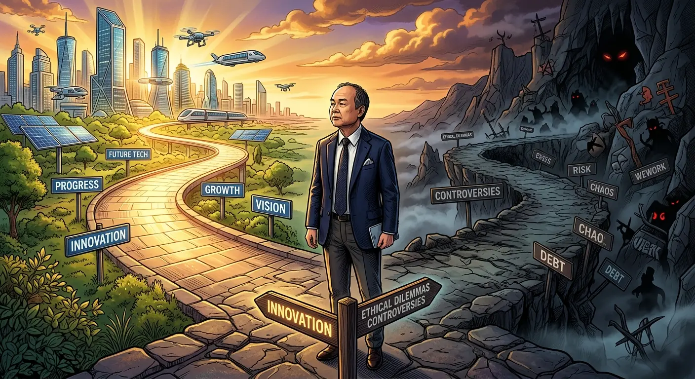 Masayoshi Son standing at a crossroads, one path leading to innovation and progress, the other shrouded in shadows representing ethical dilemmas and controversies.