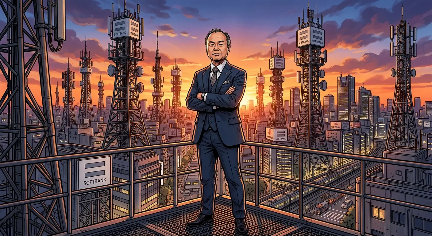 Masayoshi Son standing confidently against a backdrop of SoftBank's mobile network towers, symbolizing his challenge to established telecom giants.