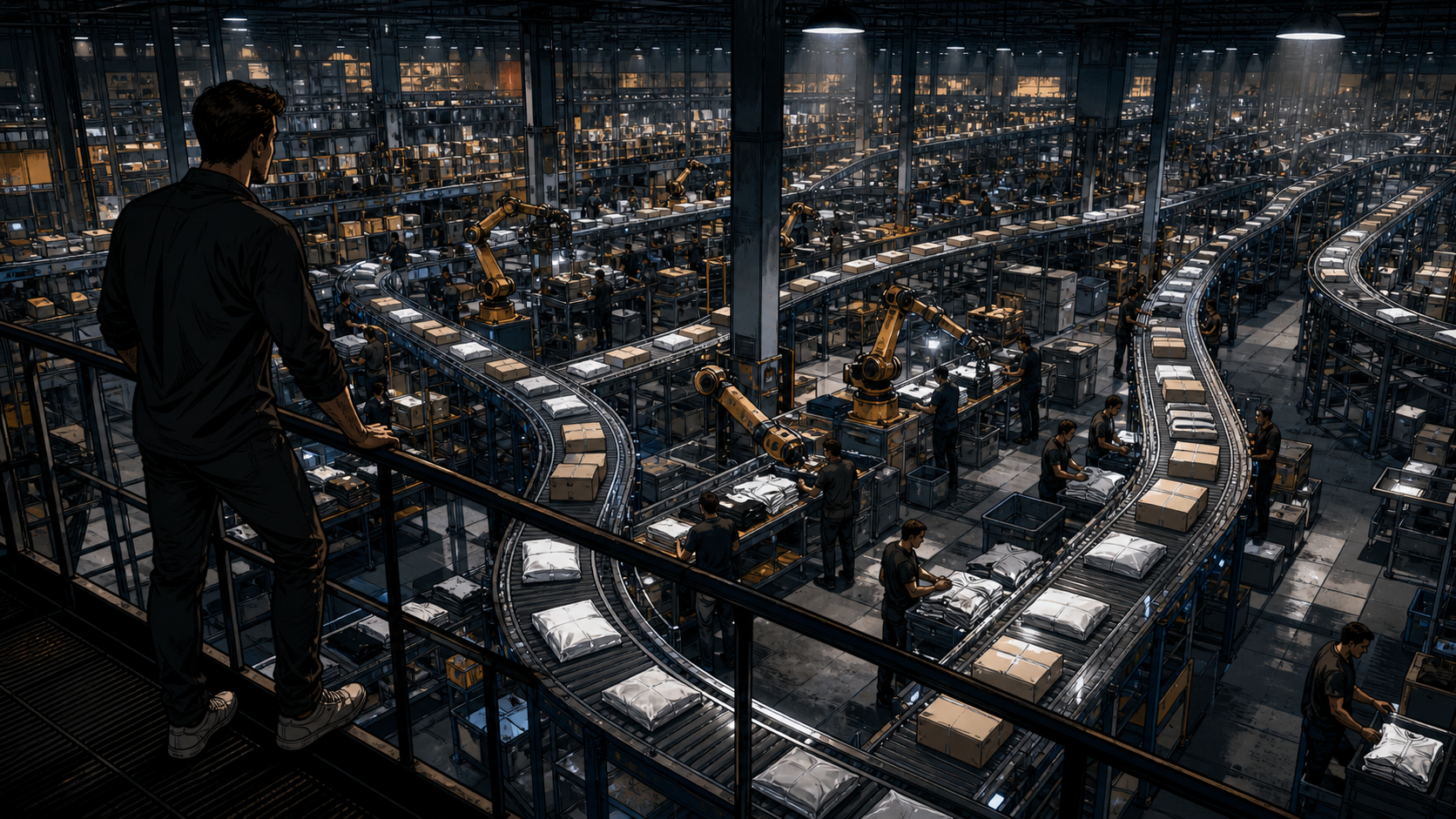 Entrepreneur overlooking a synchronized sports merchandise fulfillment network