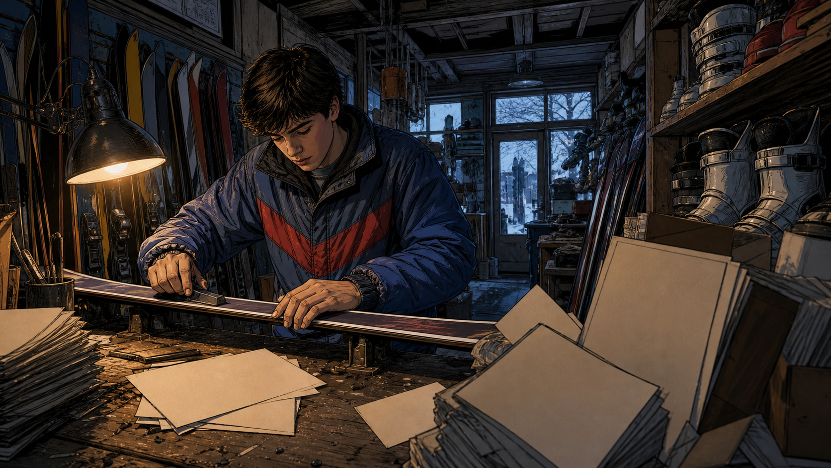 Teenage entrepreneur tuning skis in a cramped winter sports shop
