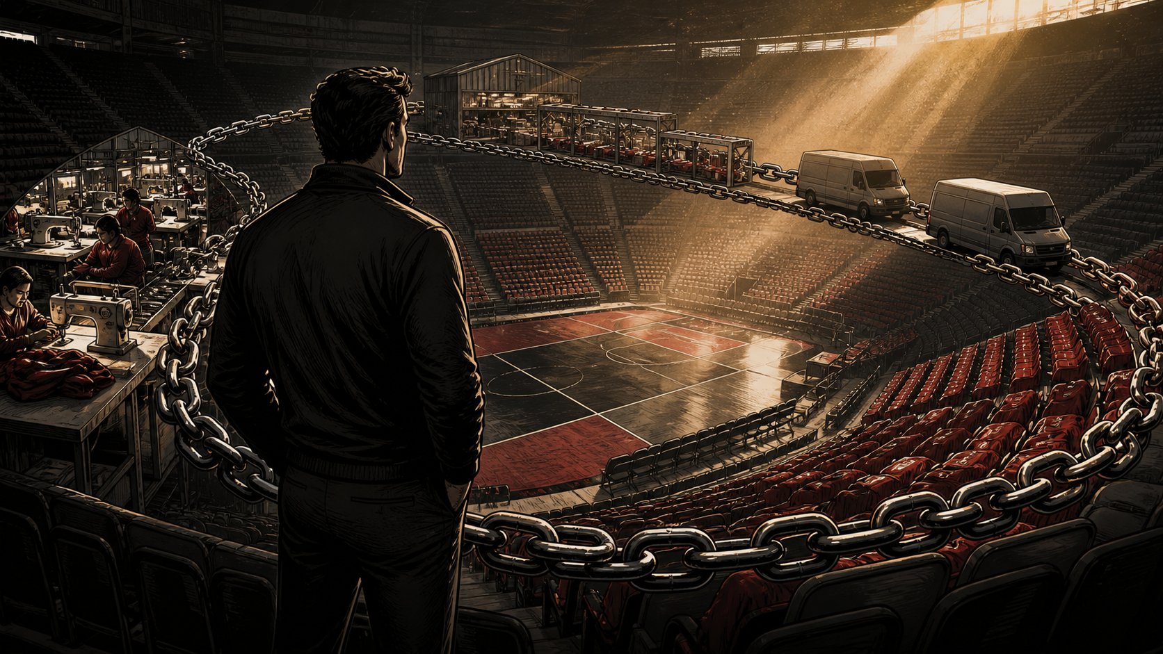 A continuous chain linking manufacturing, logistics, and fans inside an arena
