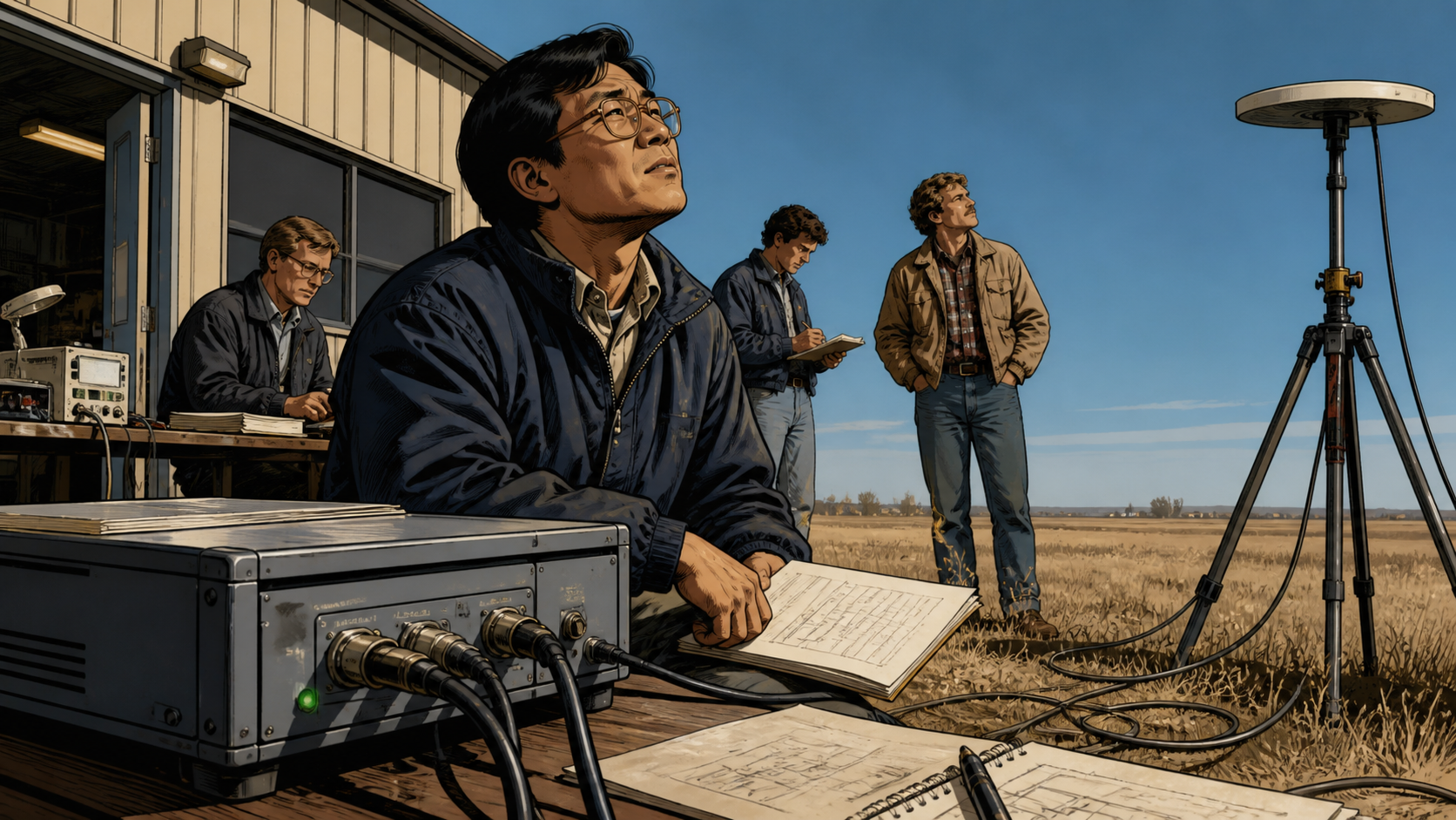 Min Kao and a small engineering team testing an early GPS receiver beneath a clear Kansas sky