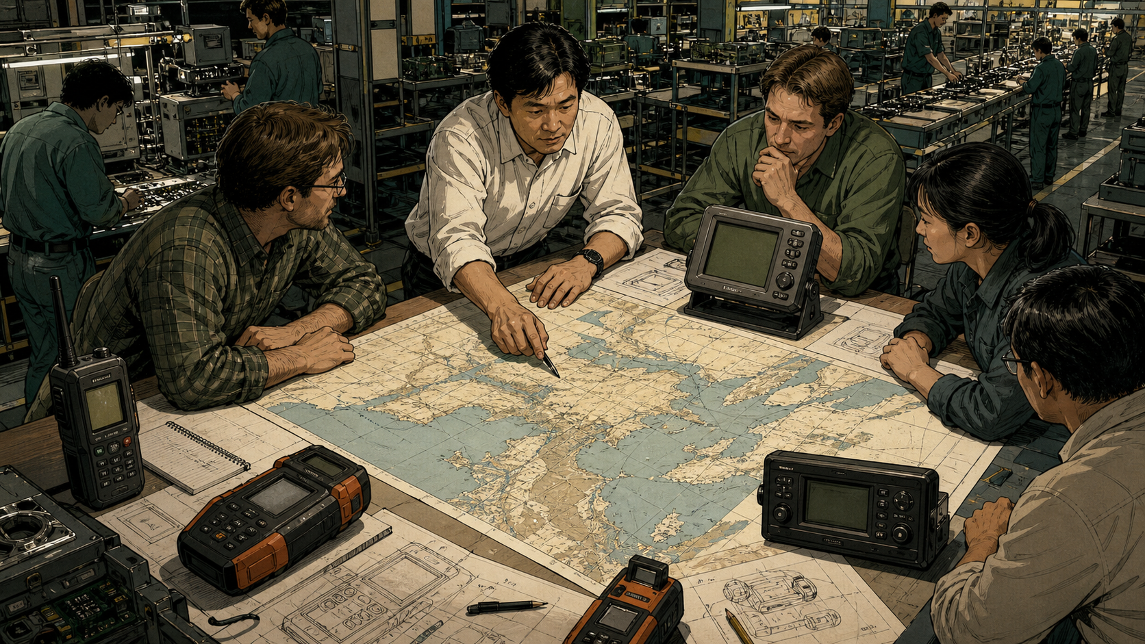 Garmin engineers coordinating aviation, marine, and automotive navigation products around a wall of route maps