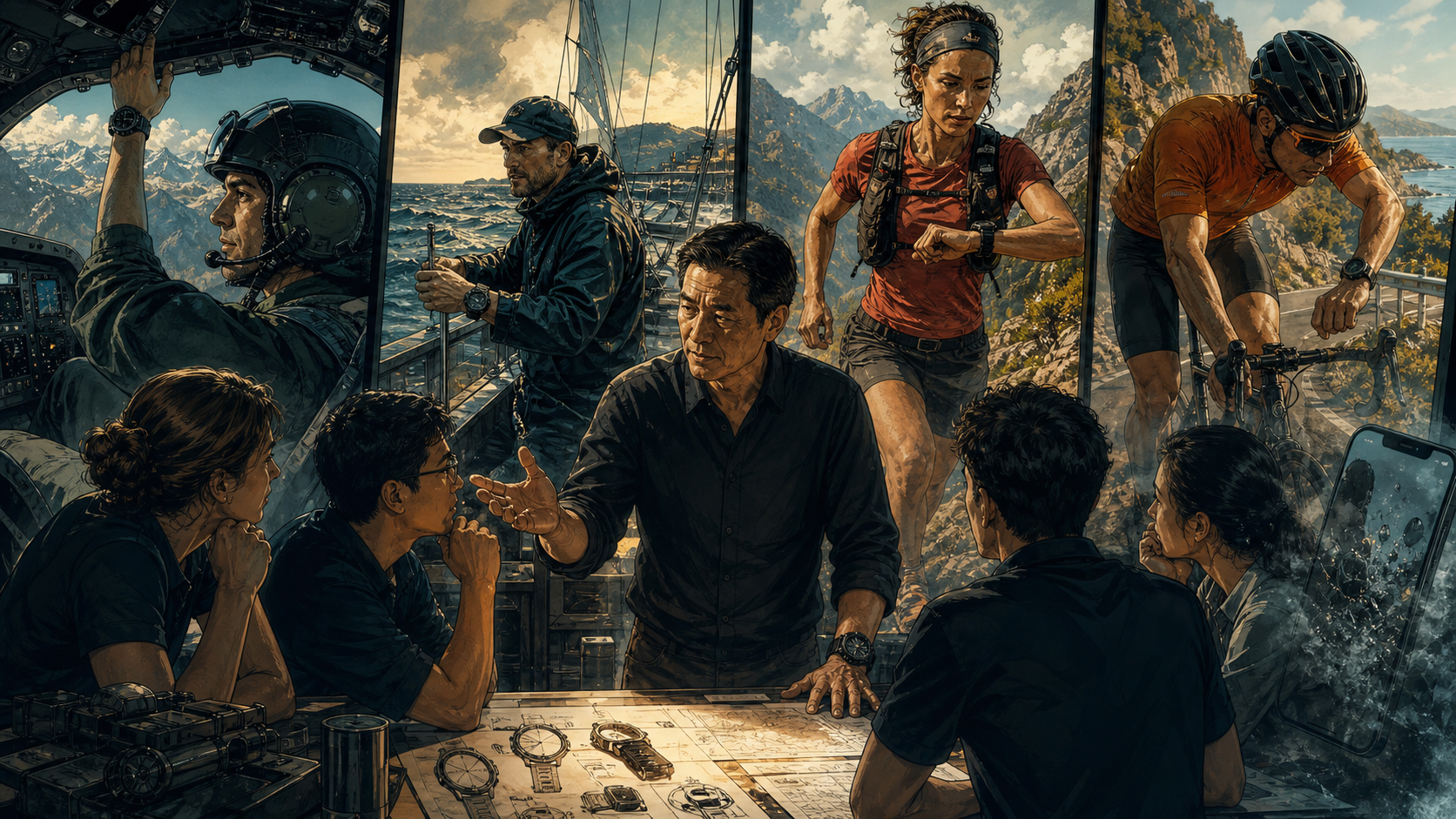 A Garmin product team studying athletes, pilots, sailors, and hikers using specialized navigation devices in distinct environments