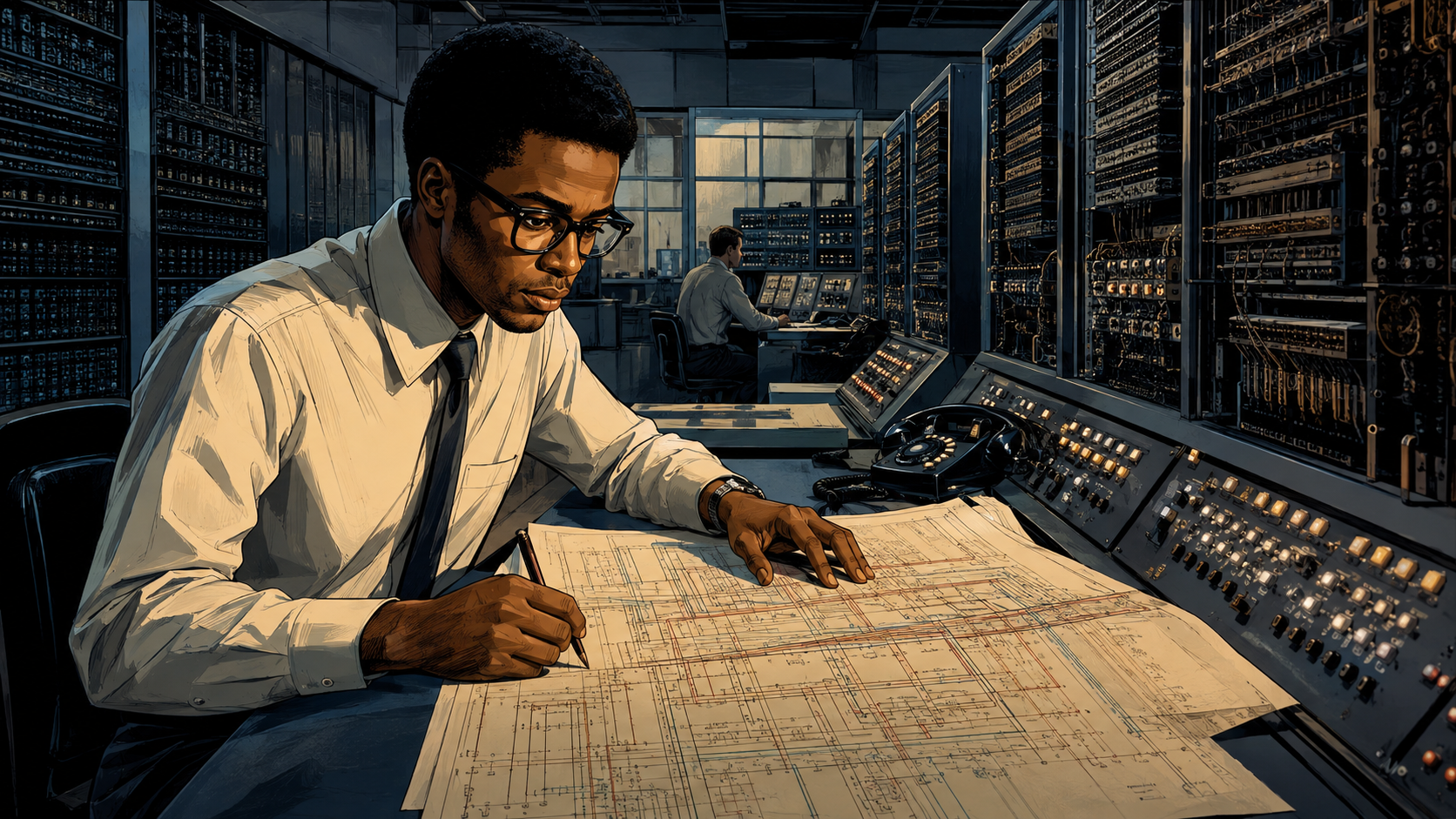 A young Mo Ibrahim studying switching systems inside a 1970s British telecommunications control room