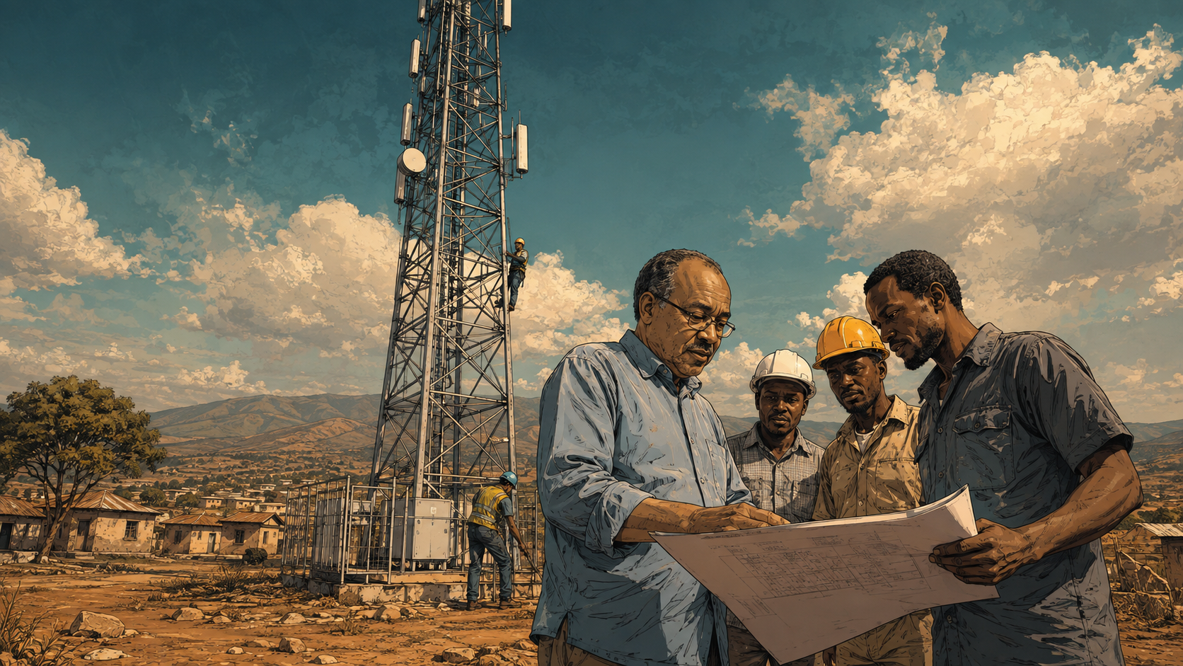 Mo Ibrahim and local engineers overseeing a cellular tower rollout beside an African town