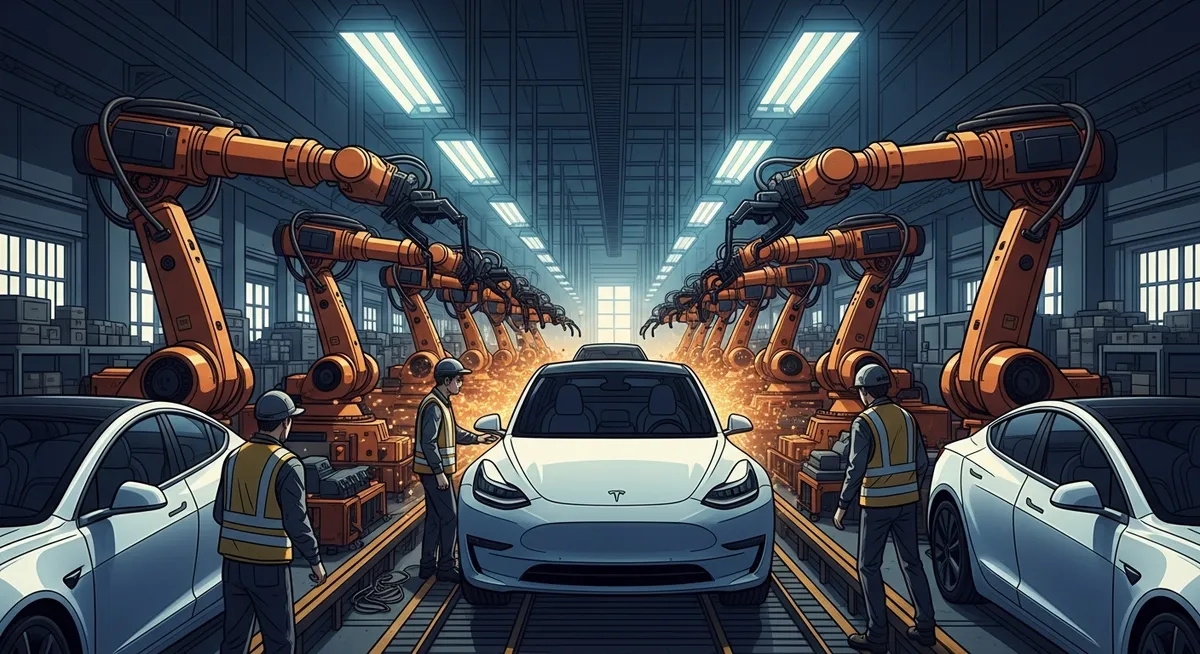 Tesla Model 3 factory production line — hundreds of cars being assembled by robotic arms