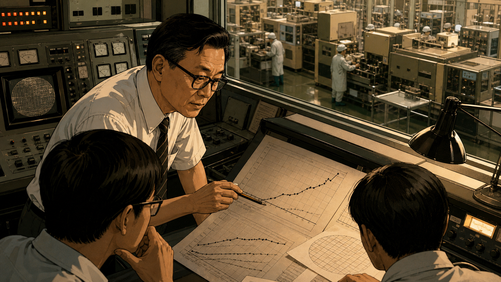 Morris Chang studying semiconductor yield charts in a late twentieth-century fabrication control room