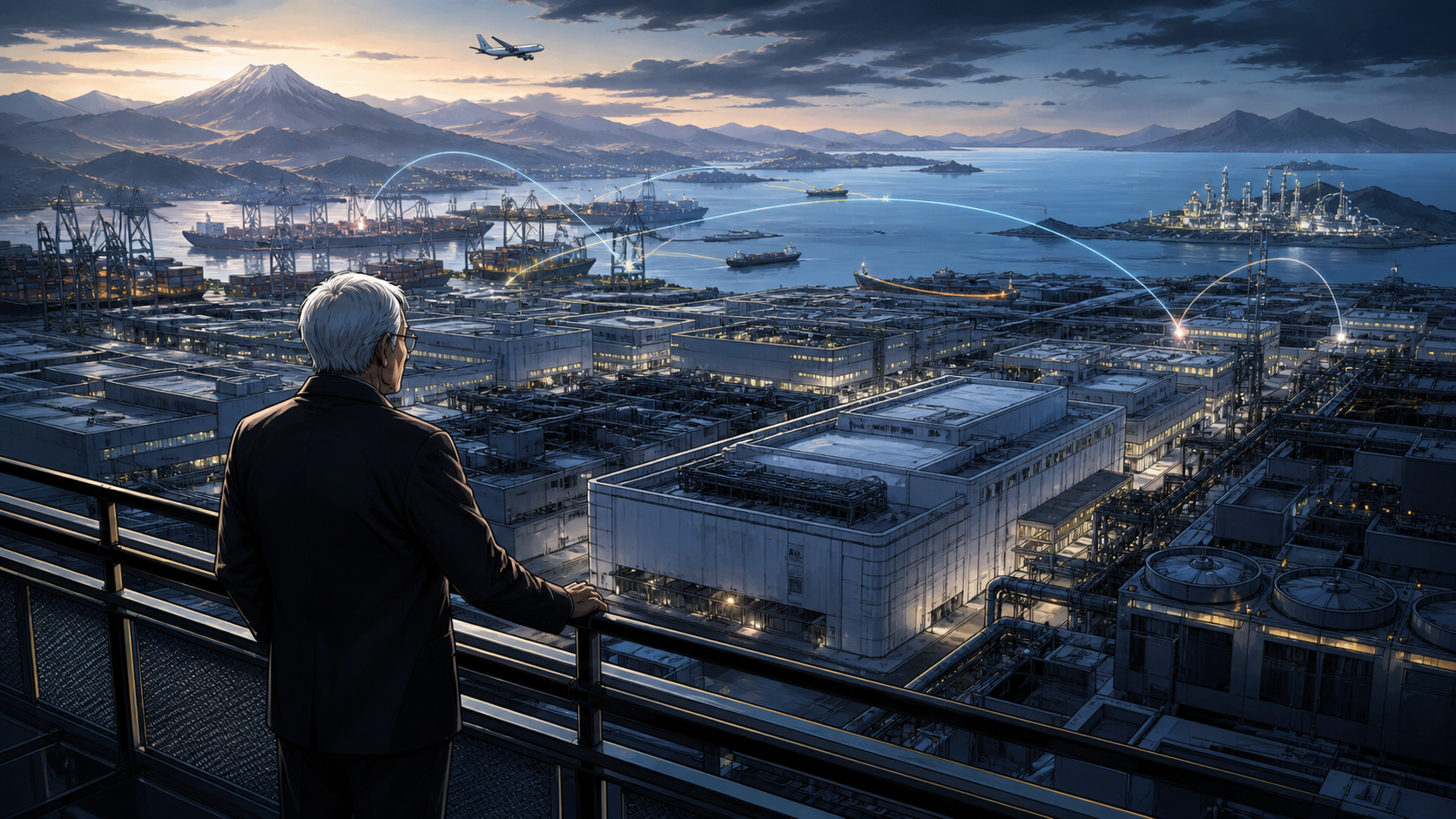 An older Morris Chang overlooking a vast advanced chip fabrication campus as global supply routes converge around it