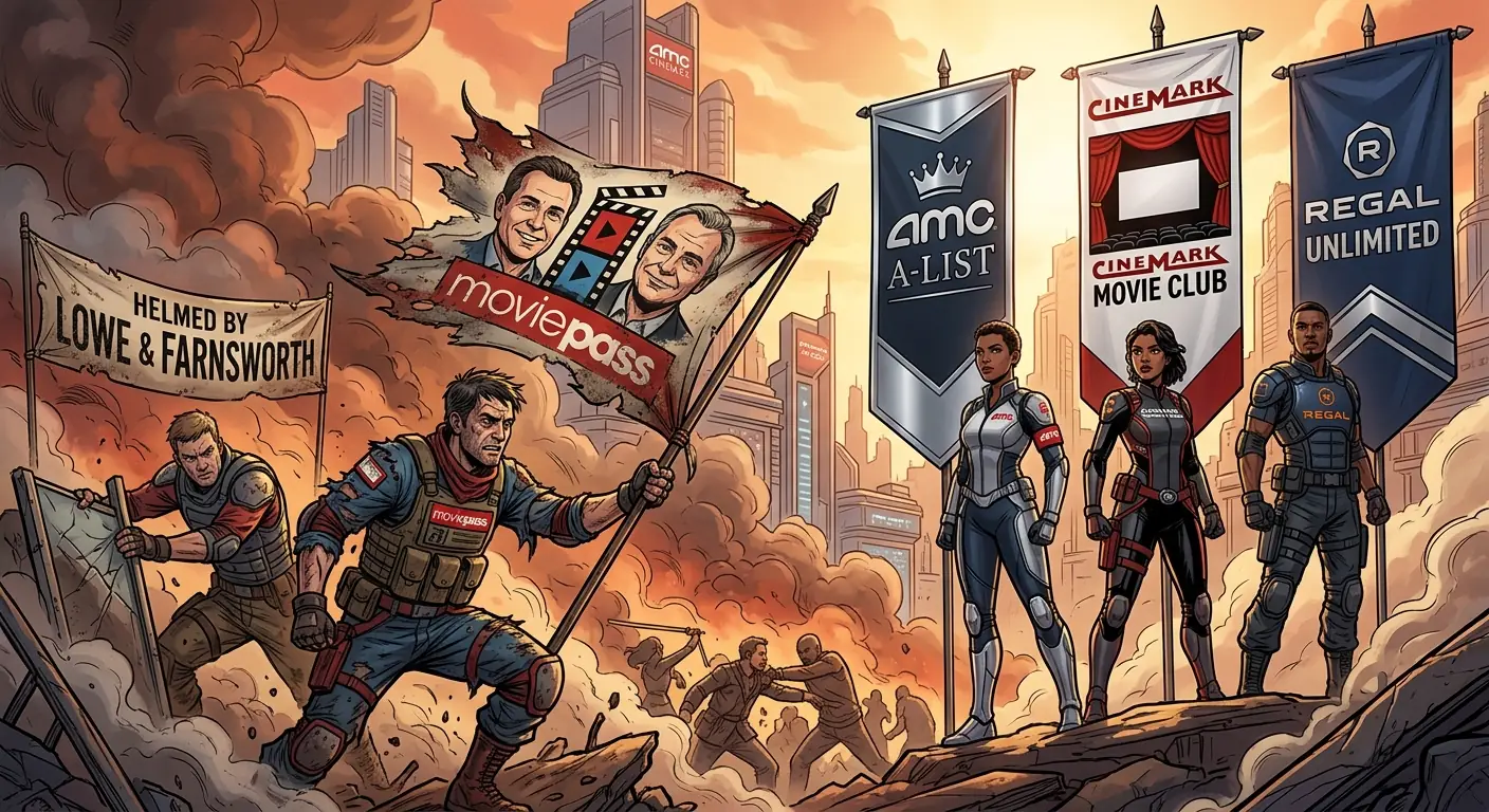 A dynamic illustration depicting a stylized battle royale. On one side, a tattered MoviePass flag flutters, while on the other, sleek, modern banners for AMC A-List, Cinemark Movie Club, and Regal Unlimited rise triumphantly.