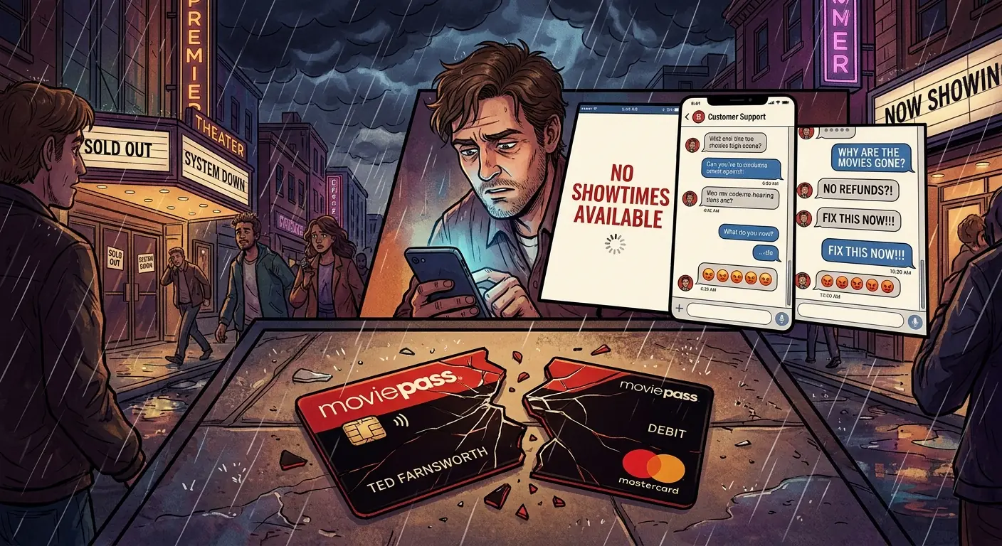 A chaotic scene: a MoviePass debit card is snapped in half, user interfaces show "no showtimes available," and a customer support chat window displays frustrated messages, all under a dark, stormy sky.