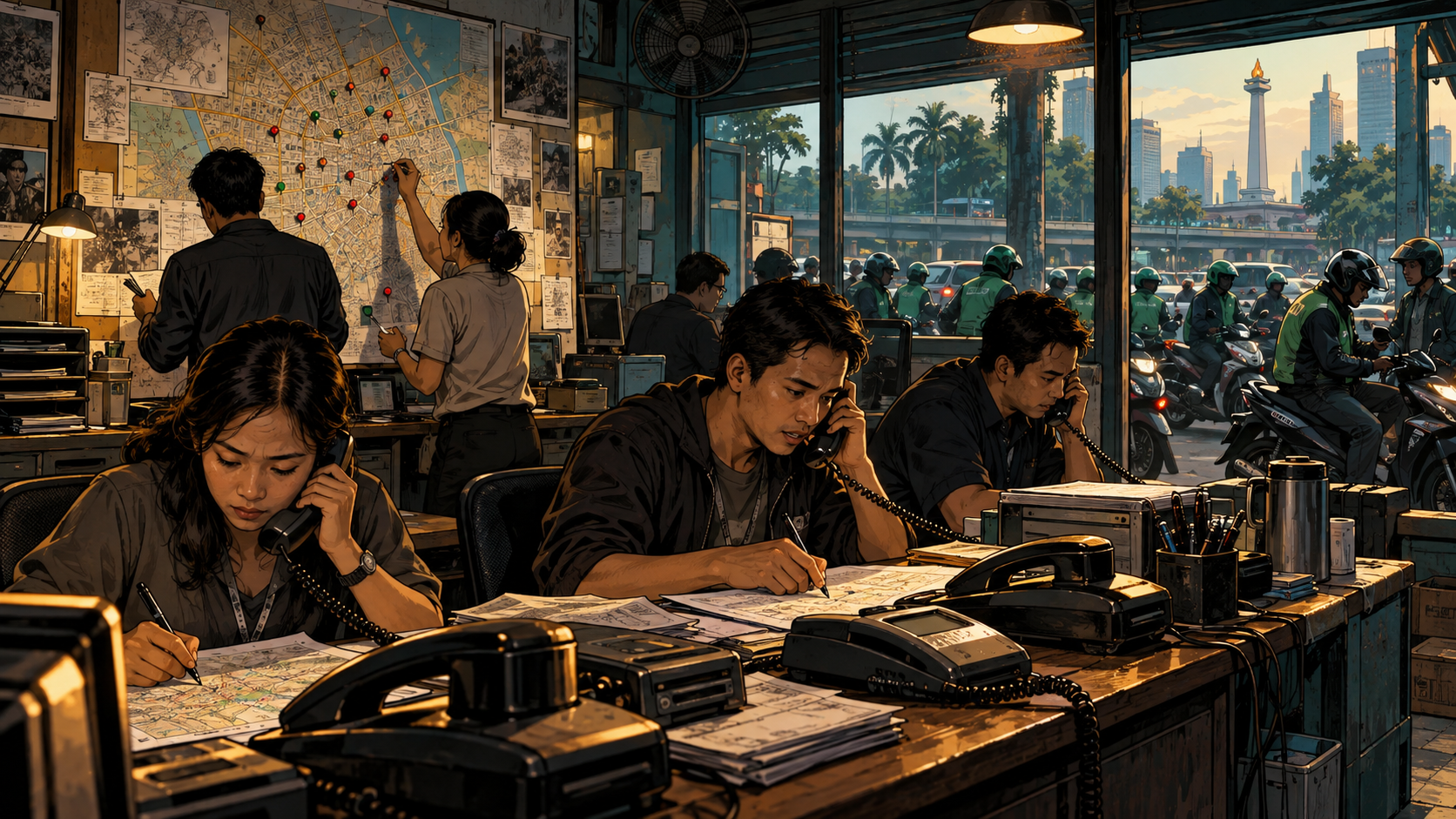 A Jakarta motorcycle-taxi call center coordinating drivers through paper maps and ringing phones