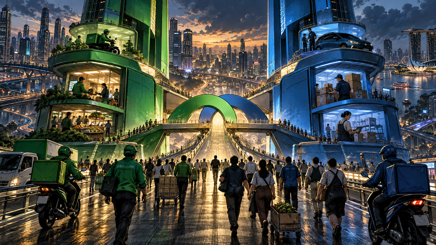 Two rival Southeast Asian technology platforms converging at a crossroads of commerce transport and finance