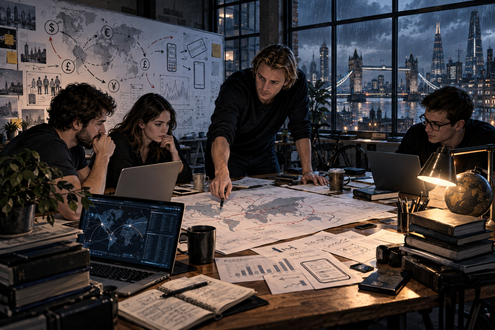 Nik Storonsky and a small founding team mapping foreign-exchange friction in a modest London fintech workspace
