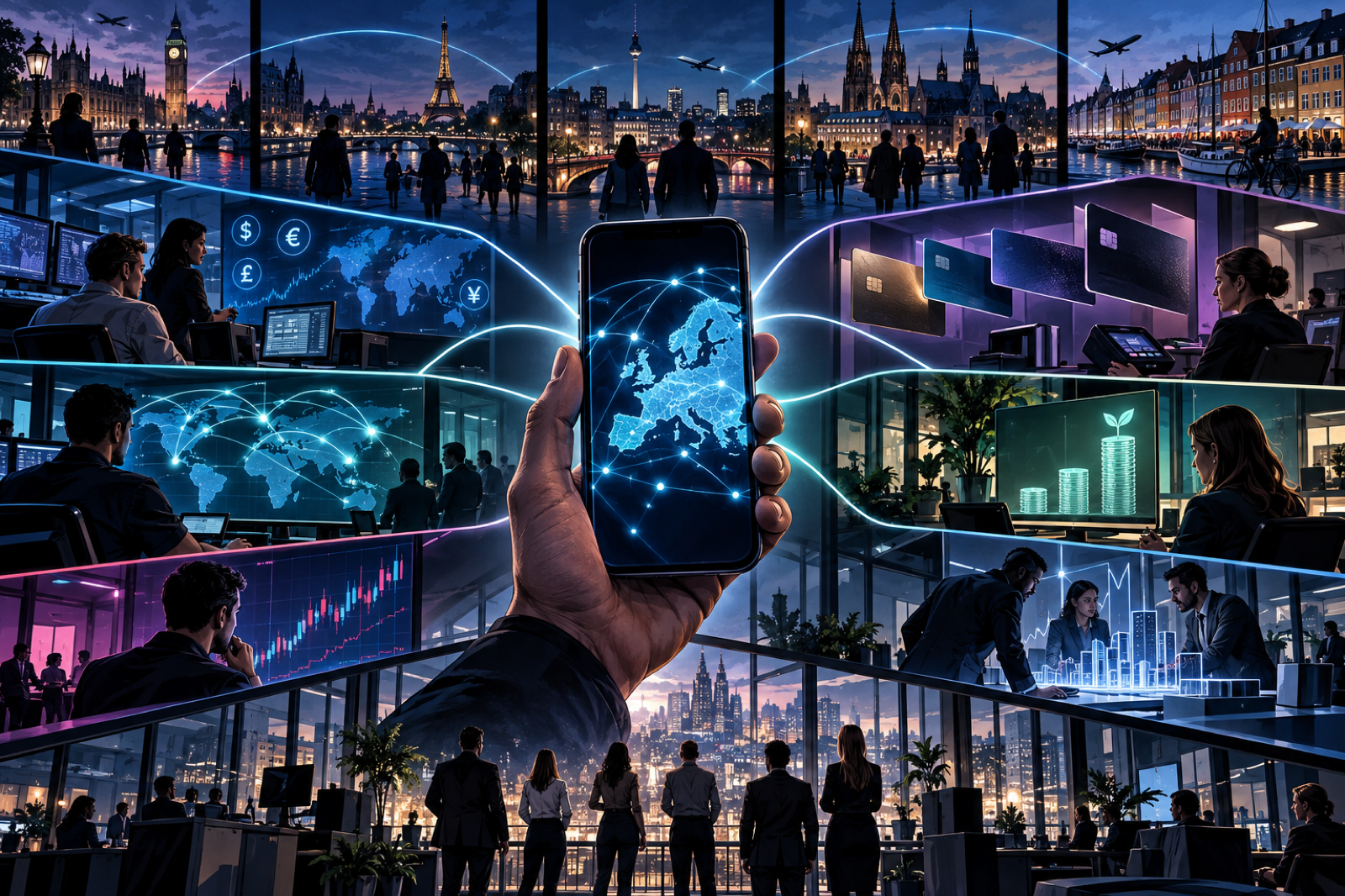 A single mobile-finance hub expanding into cards, transfers, savings, trading, and business services across European cities
