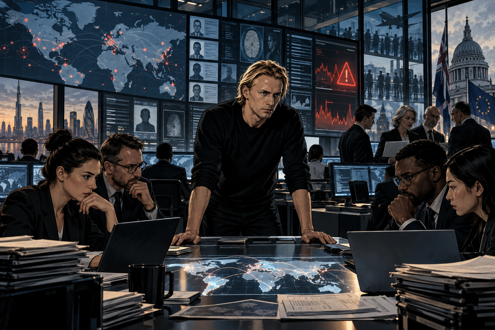 Nik Storonsky and a risk team confronting audits, identity verification, fraud alerts, and regulatory scrutiny in a global control room