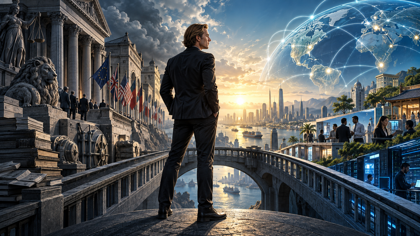 Nik Storonsky standing between a luminous global network and the institutional foundations required for resilient banking
