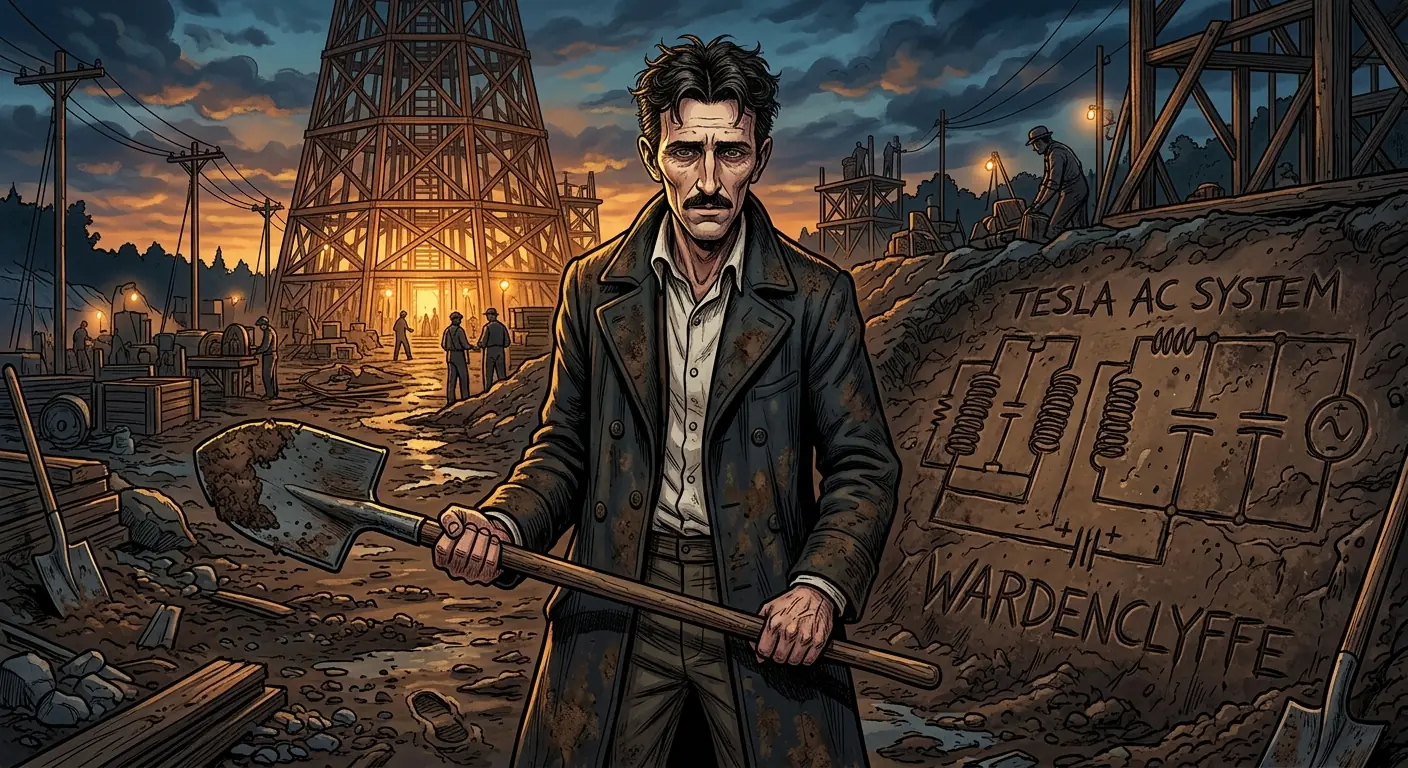 Tesla, looking resolute but weary, holding a shovel, with a crude electrical diagram etched into the dirt beside him.