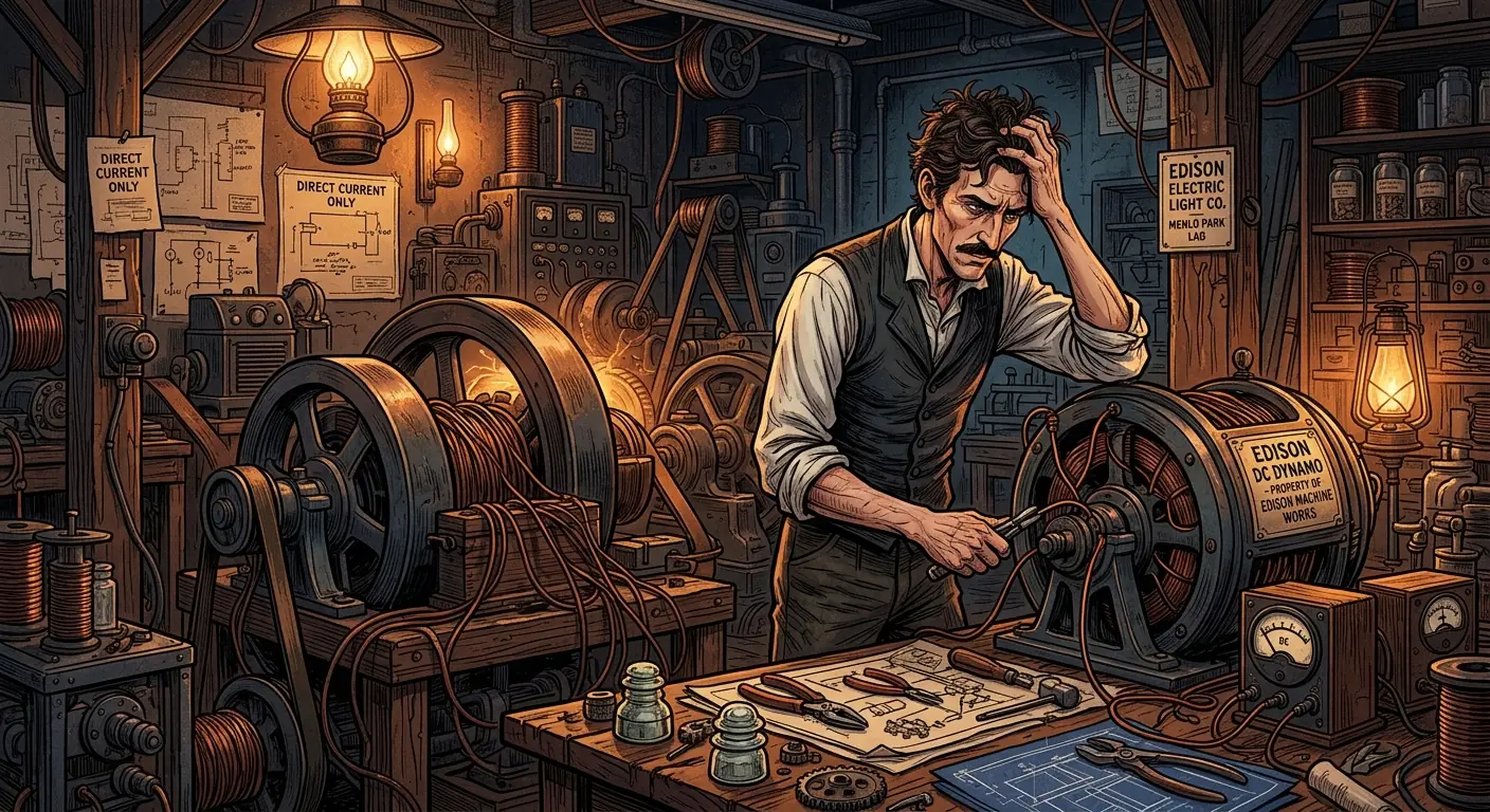 Tesla, looking frustrated, working in Edison's chaotic laboratory, surrounded by DC dynamos.