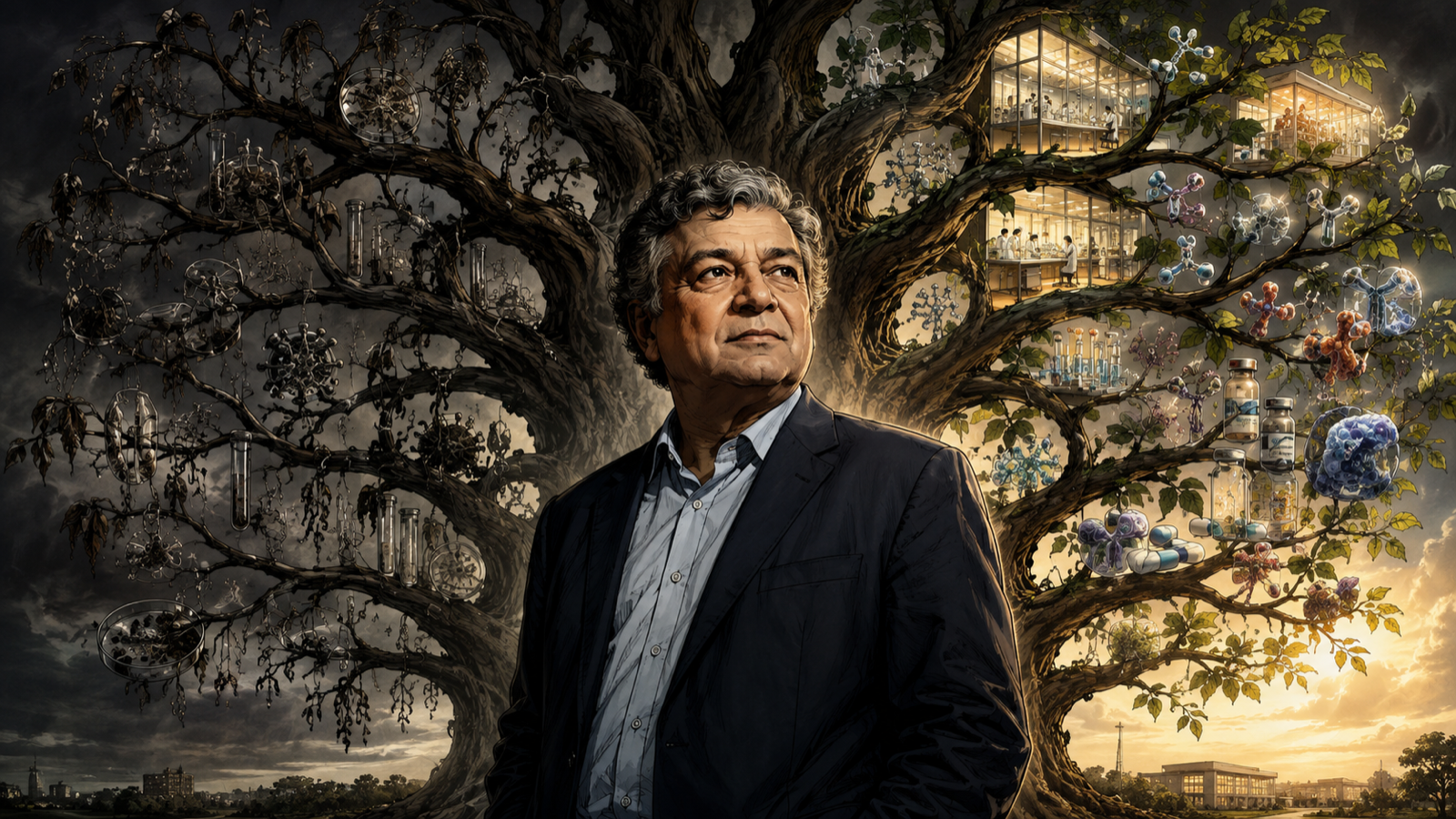 Noubar Afeyan standing before a portfolio tree where many scientific branches end early and a few grow into major biotechnology companies