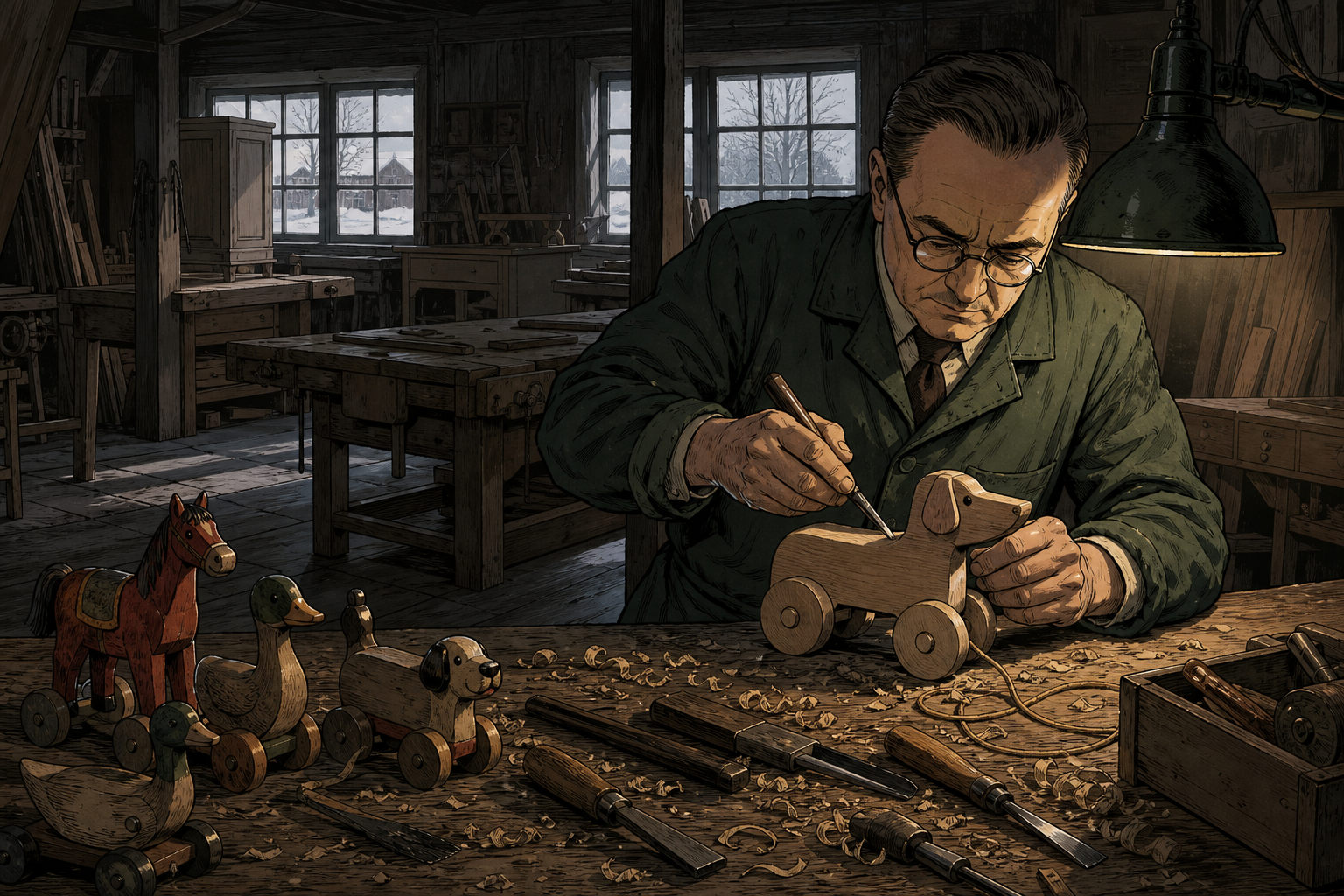 Ole Kirk Christiansen carving a wooden pull toy in a modest Billund workshop after stacks of furniture orders have disappeared