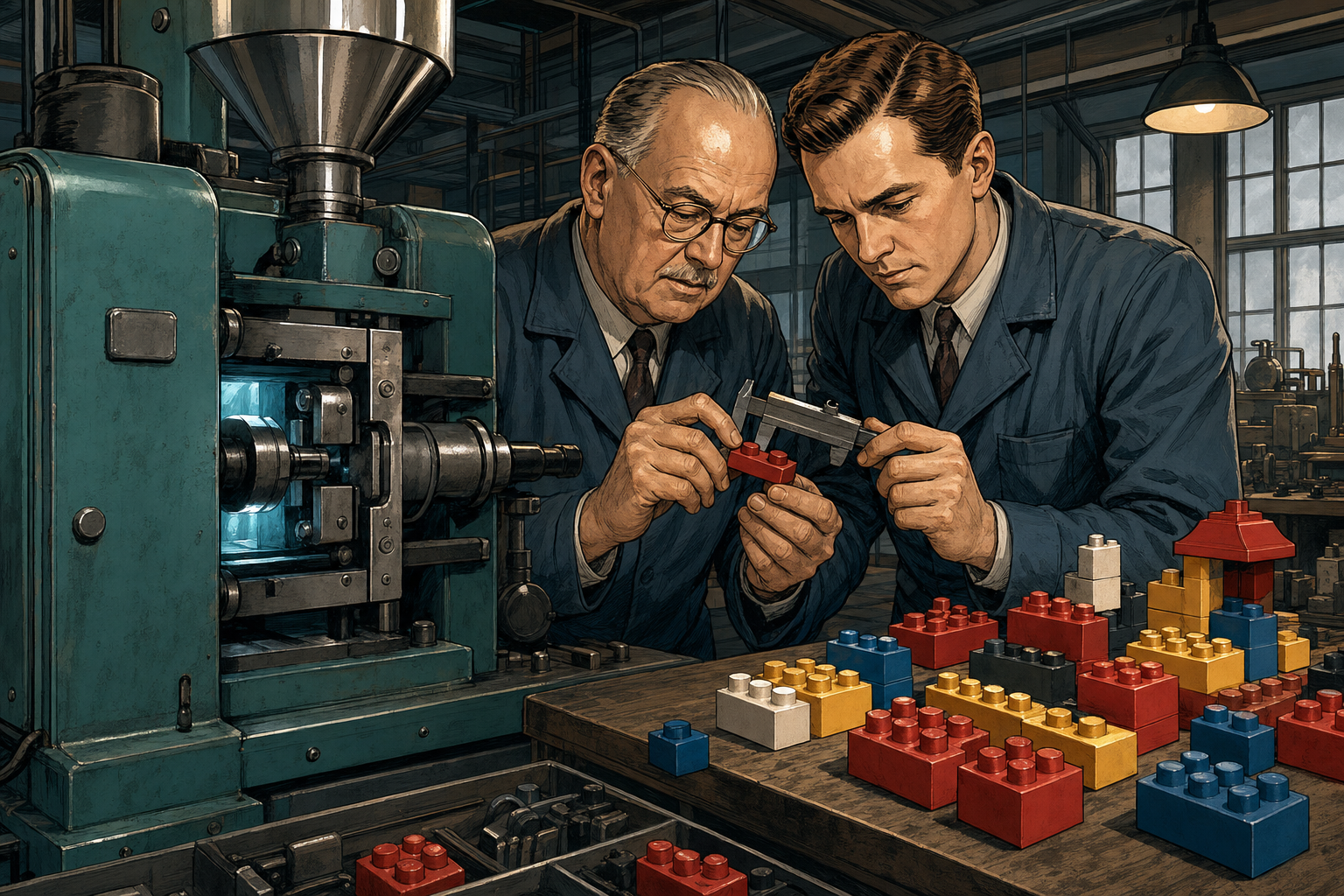 Ole Kirk Christiansen and his son Godtfred testing an early plastic molding machine beside colorful interlocking brick prototypes