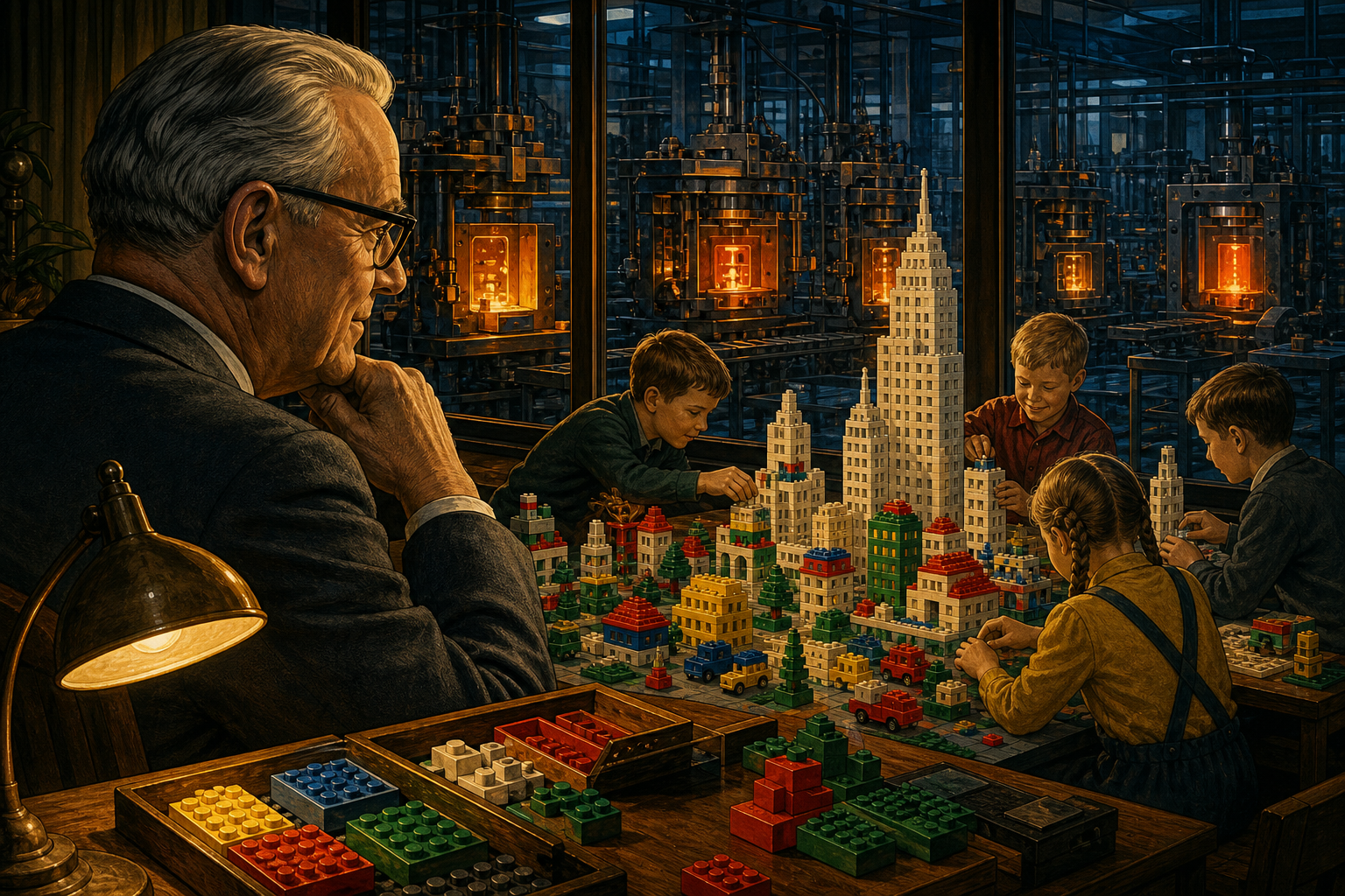 A mature Ole Kirk Christiansen watching children combine bricks from many sets into one imaginative city as factory molds glow behind glass