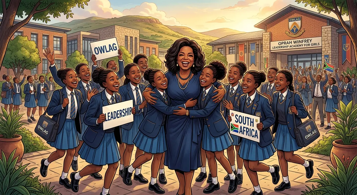 Oprah Winfrey smiling and surrounded by enthusiastic young girls in school uniforms in South Africa