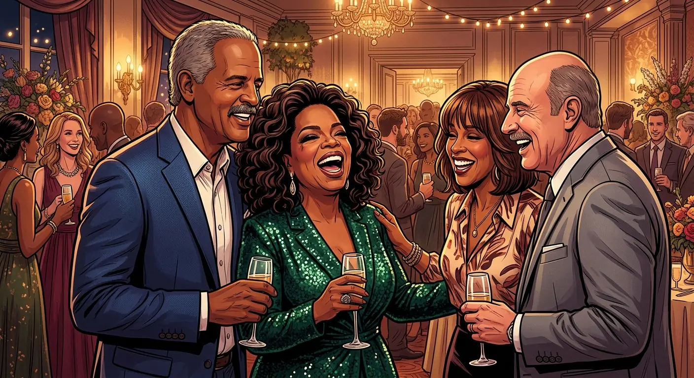 Oprah Winfrey laughing with Stedman Graham, Gayle King, and Dr. Phil McGraw at a social event