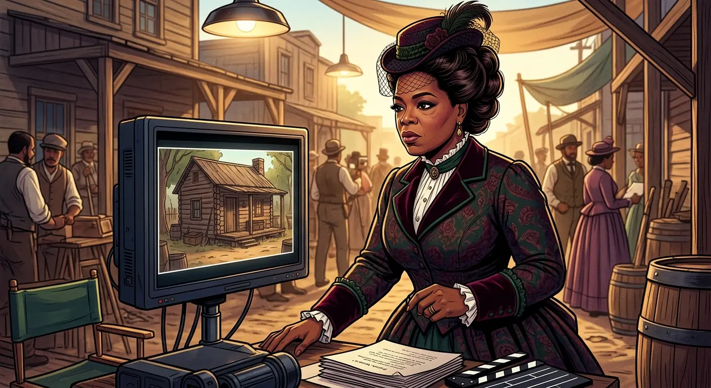 Oprah Winfrey on the set of a historical drama, dressed in period costume, looking intensely at a monitor
