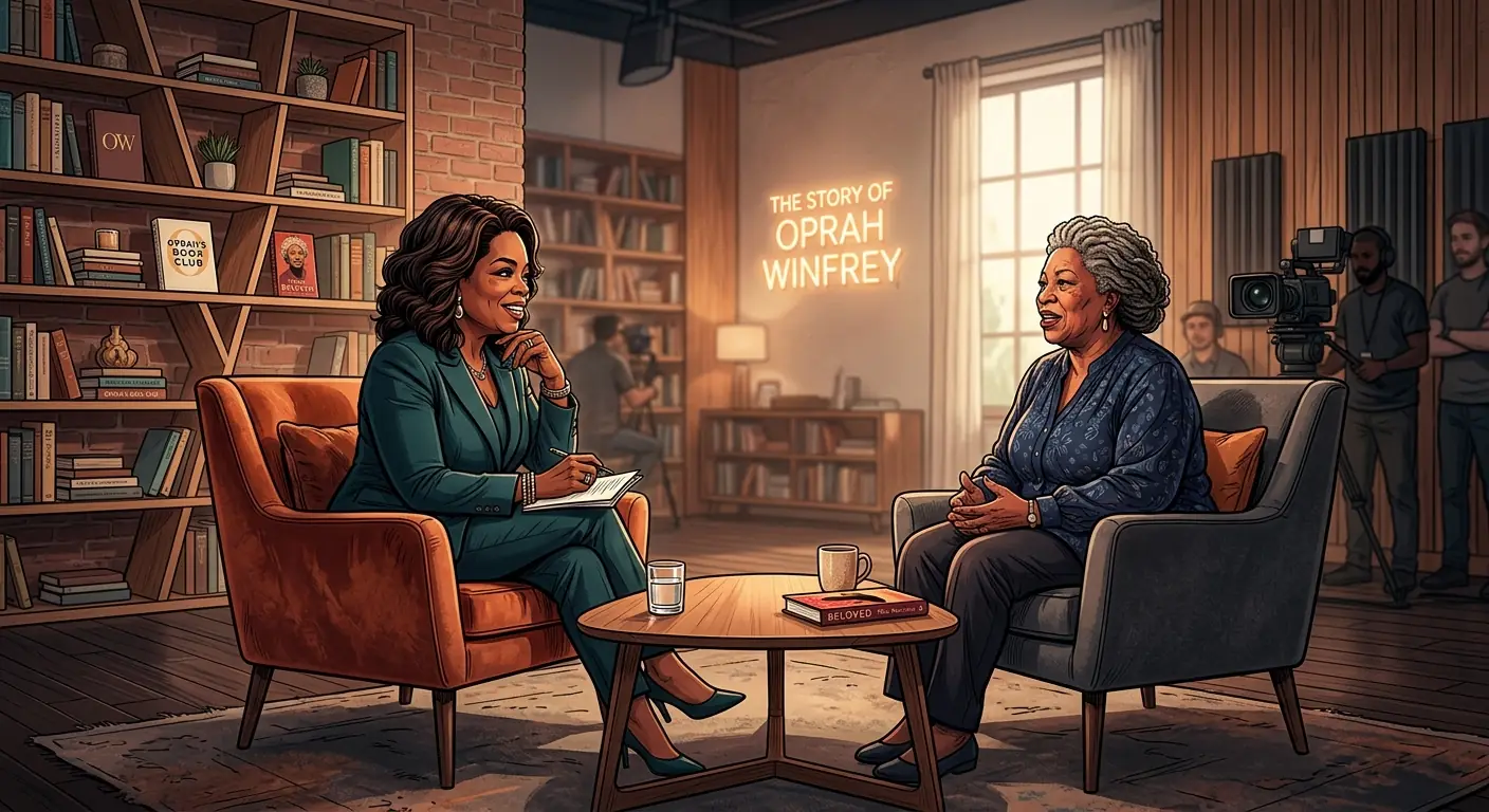 Oprah Winfrey conducting a powerful, intimate interview with a famous figure in a minimalist studio setting