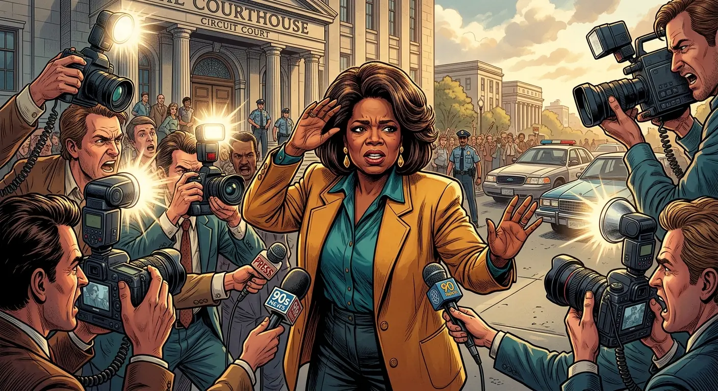 Oprah Winfrey looking distressed while being hounded by paparazzi outside a courthouse in the early 1990s
