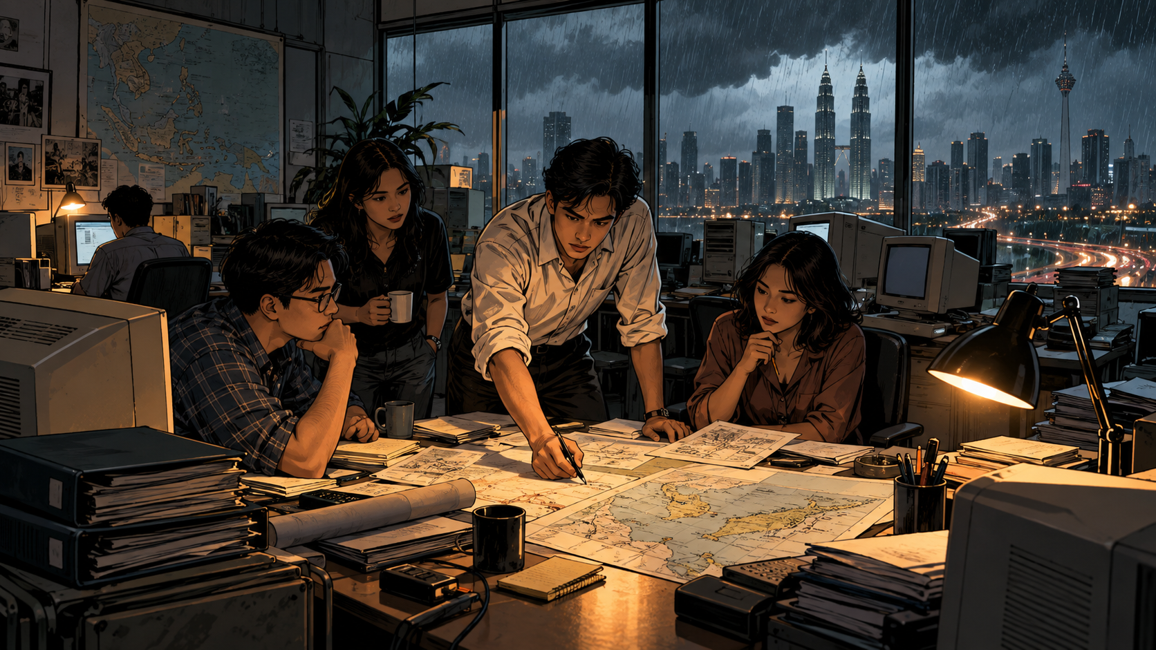 A young Southeast Asian founder planning multiple internet businesses from a modest Kuala Lumpur office