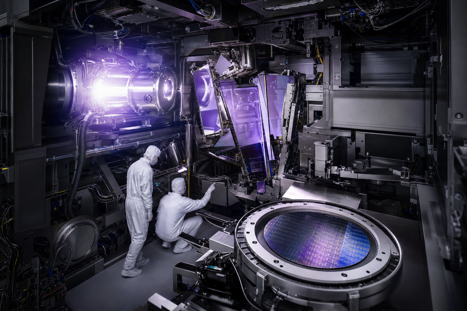 A laser striking molten tin droplets to create EUV light inside a vast vacuum lithography system