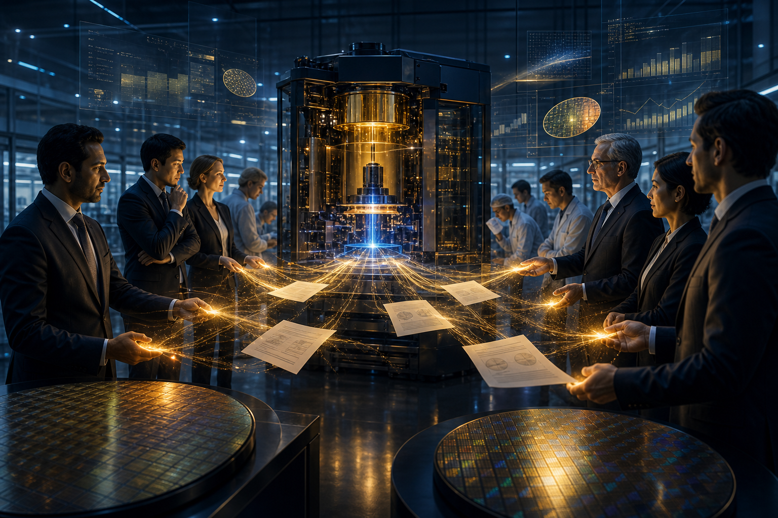 Leading chipmakers and ASML engineers jointly reviewing an EUV roadmap around a glowing silicon wafer
