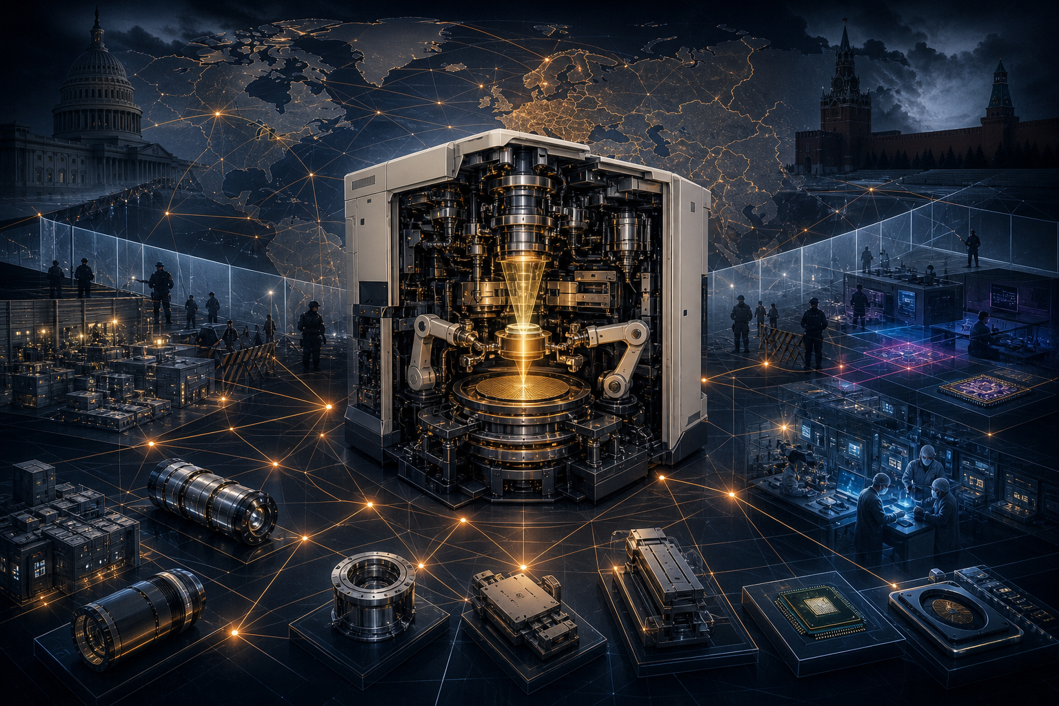 An ASML EUV system at the center of a global supply chain map divided by geopolitical borders