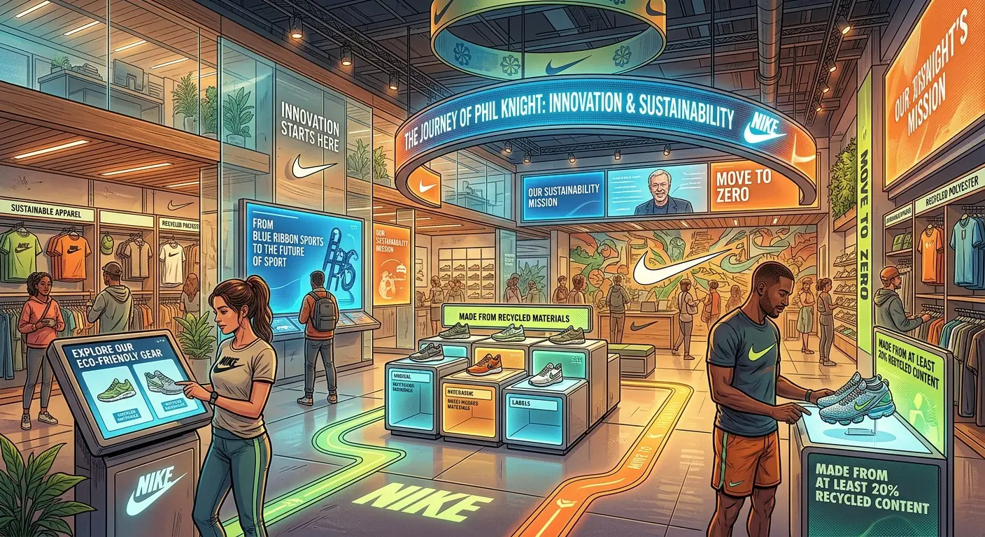 A sleek, futuristic Nike store interior with digital displays, showcasing sustainable products and interactive customer experiences