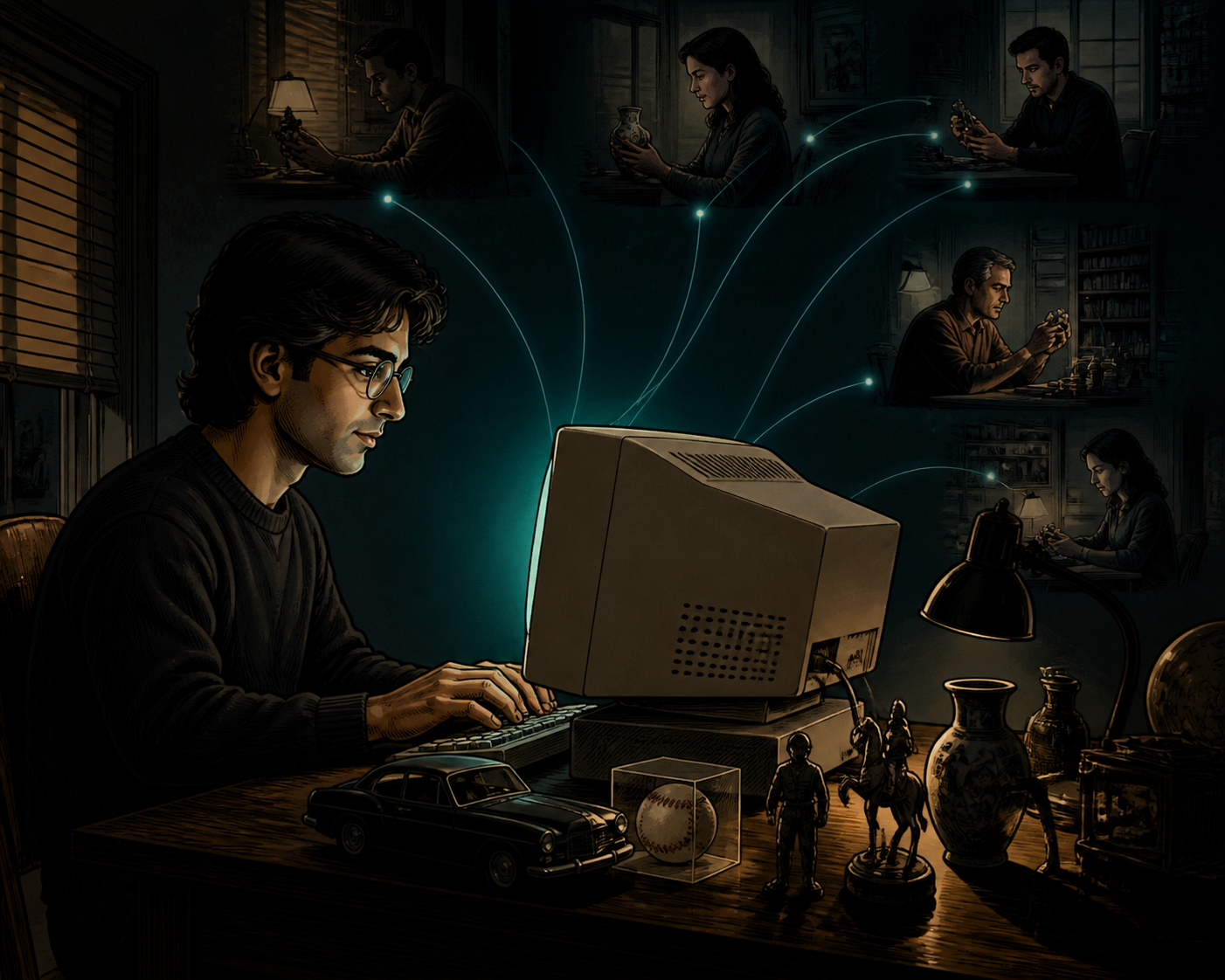 Pierre Omidyar coding an early peer-to-peer auction site as scattered collectibles connect buyers and sellers
