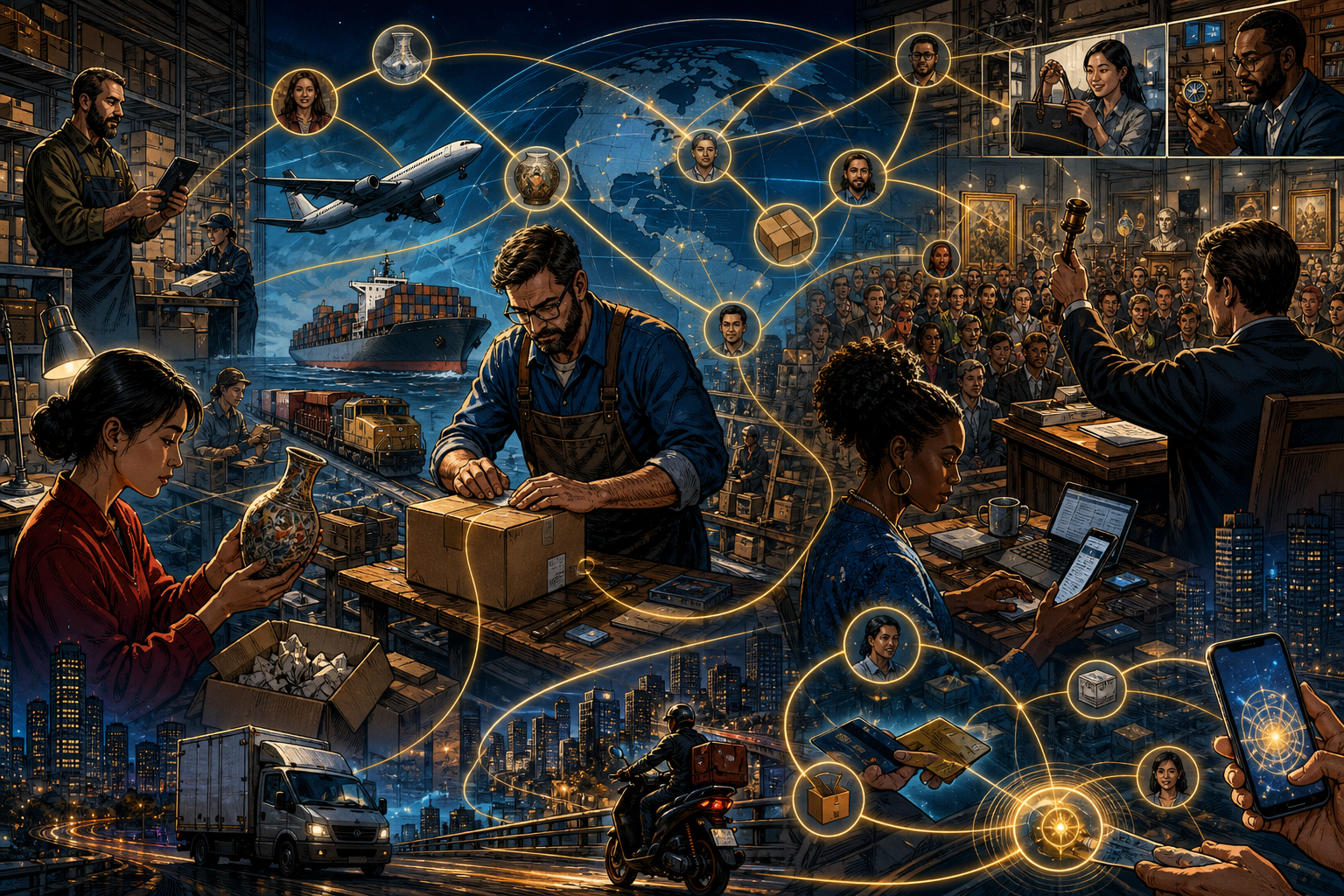 A growing web of eBay sellers, bidders, reputation scores, parcels, and payments forming a global marketplace