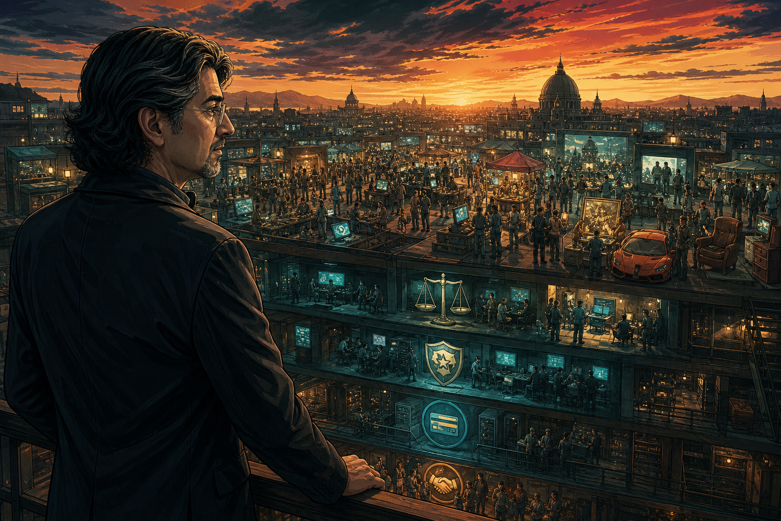 Pierre Omidyar overlooking a vast digital bazaar held together by rules, reputation, payments, and community trust
