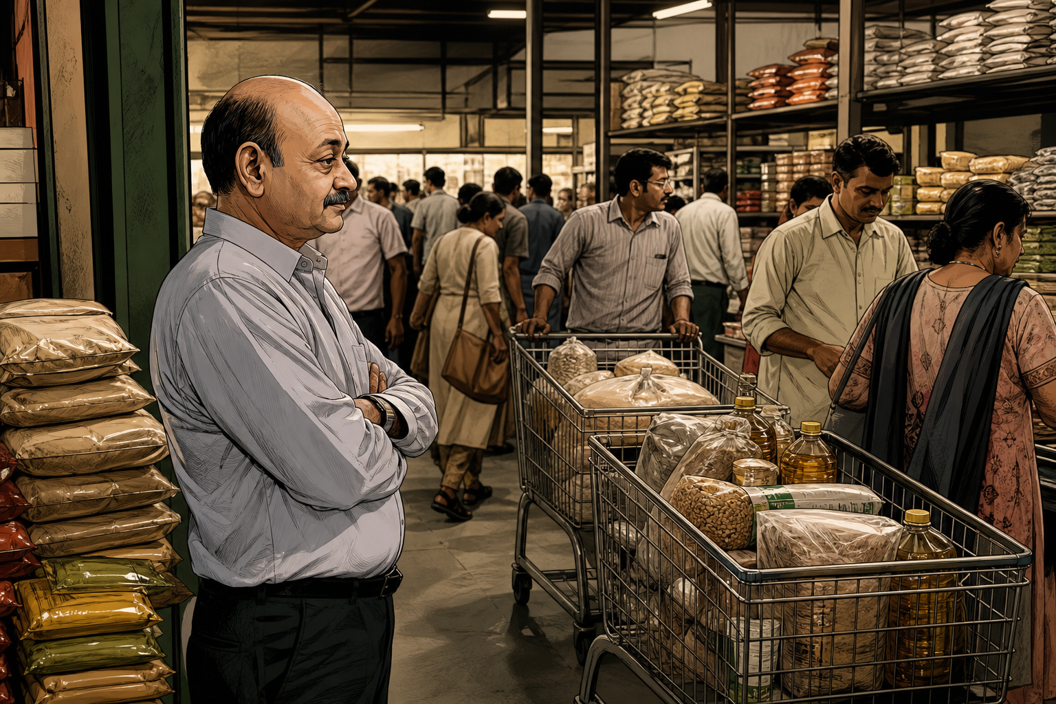 Radhakishan Damani quietly observing household staples moving through an early Mumbai-area DMart store