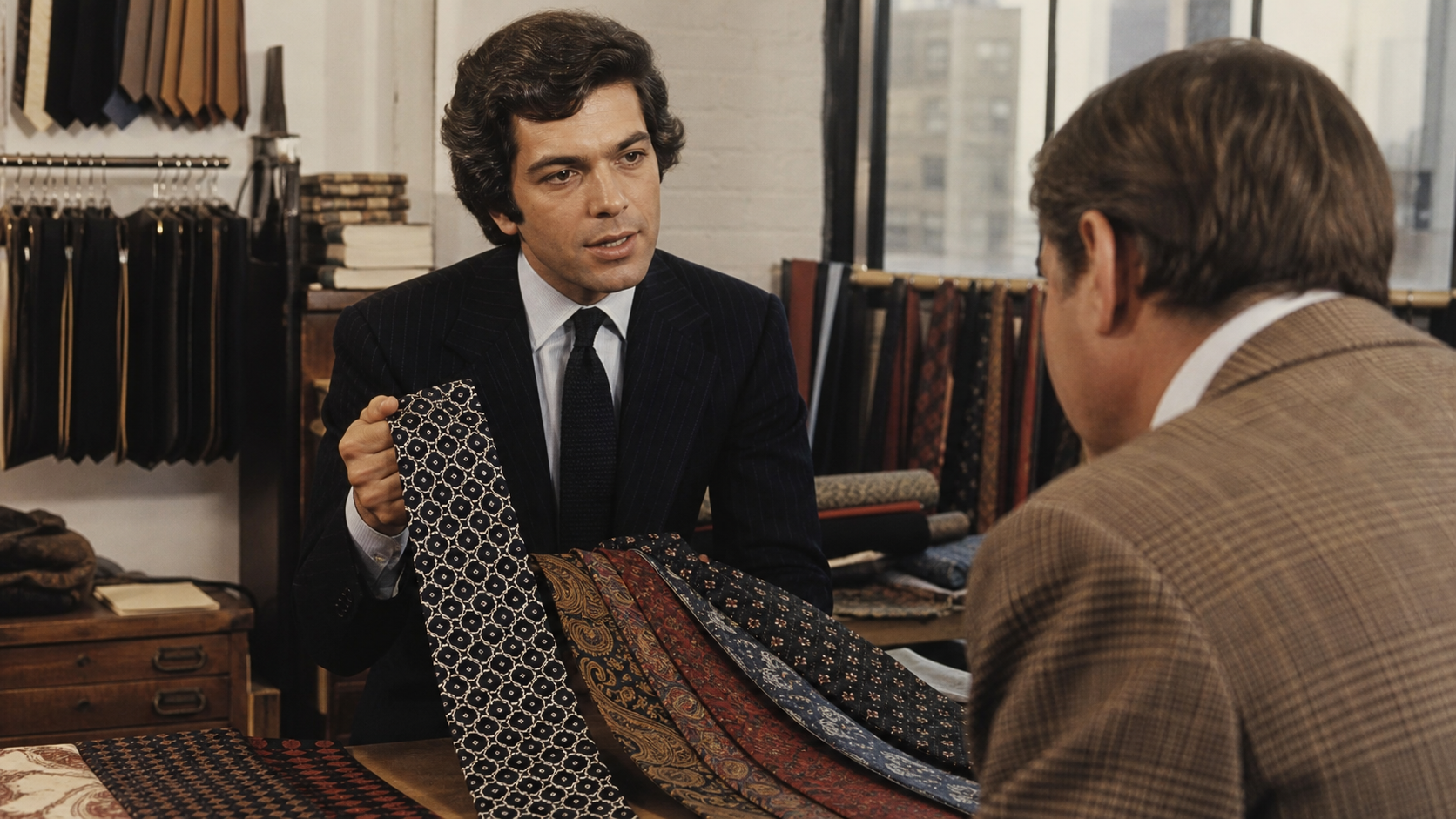 Young Ralph Lauren presenting unusually wide Polo neckties from a small New York showroom