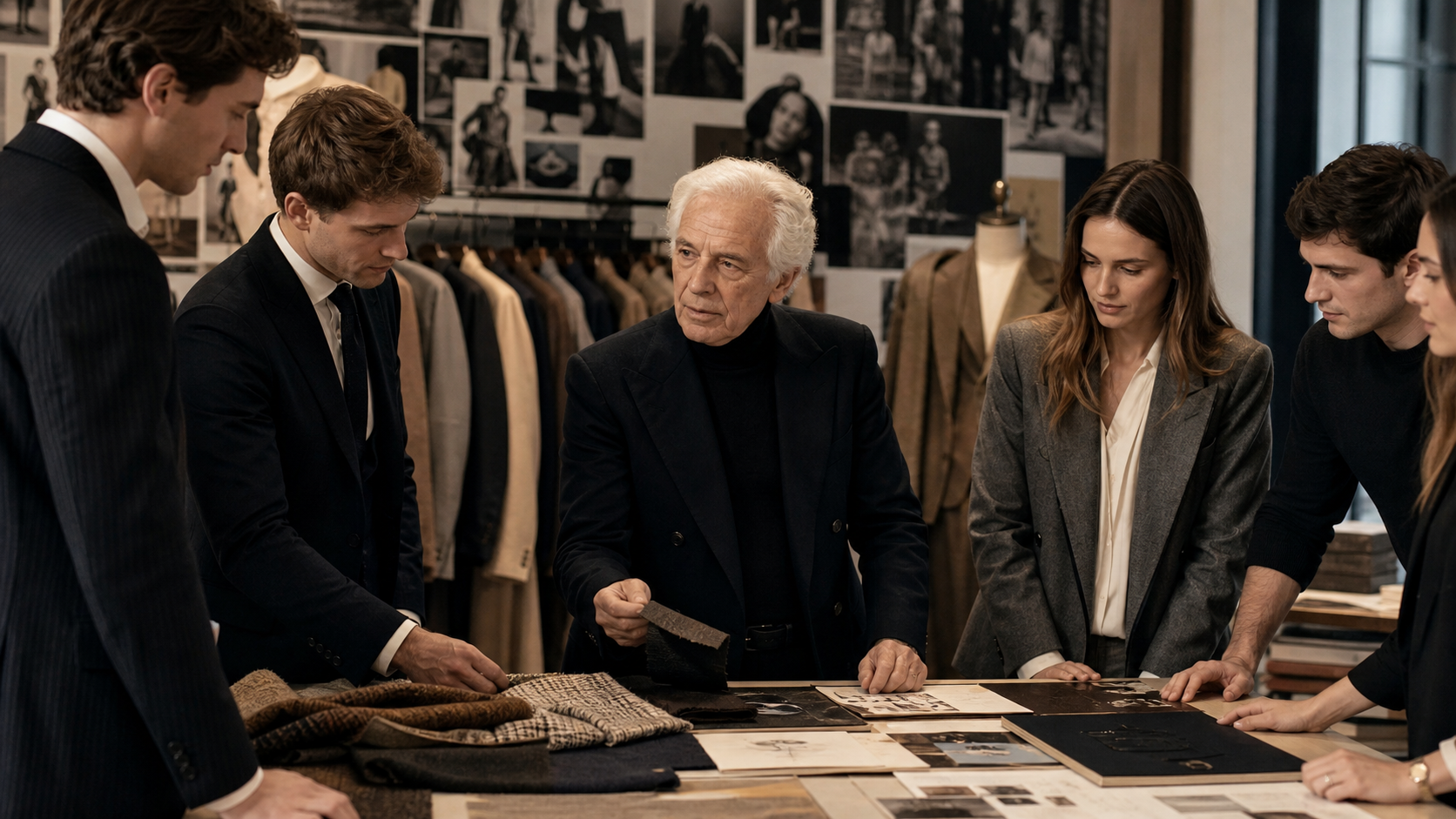 Ralph Lauren reviewing a modern collection with a new generation of executives while the brand archive surrounds them