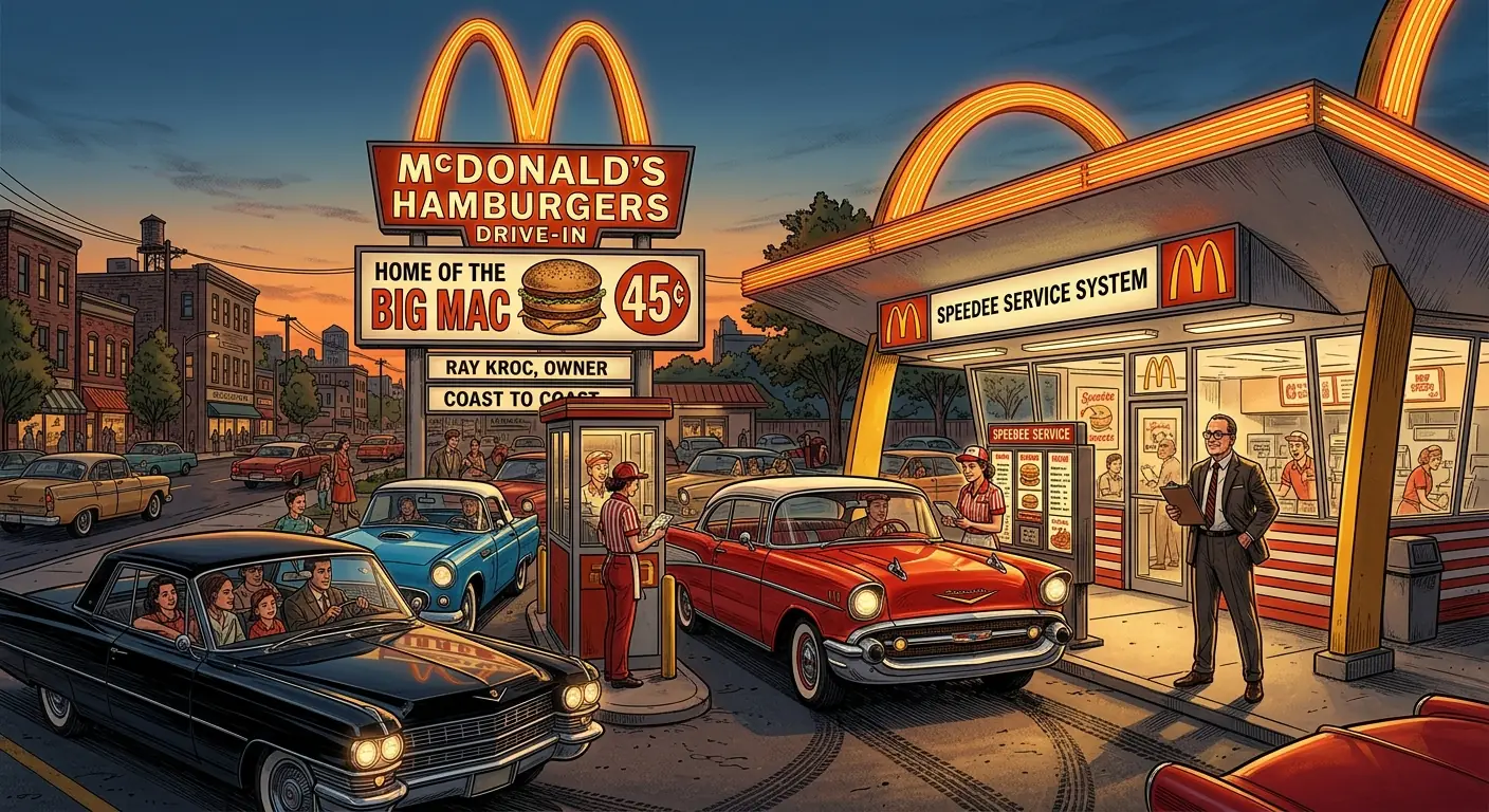 Vintage McDonald's drive-thru with classic cars and prominent Big Mac signage
