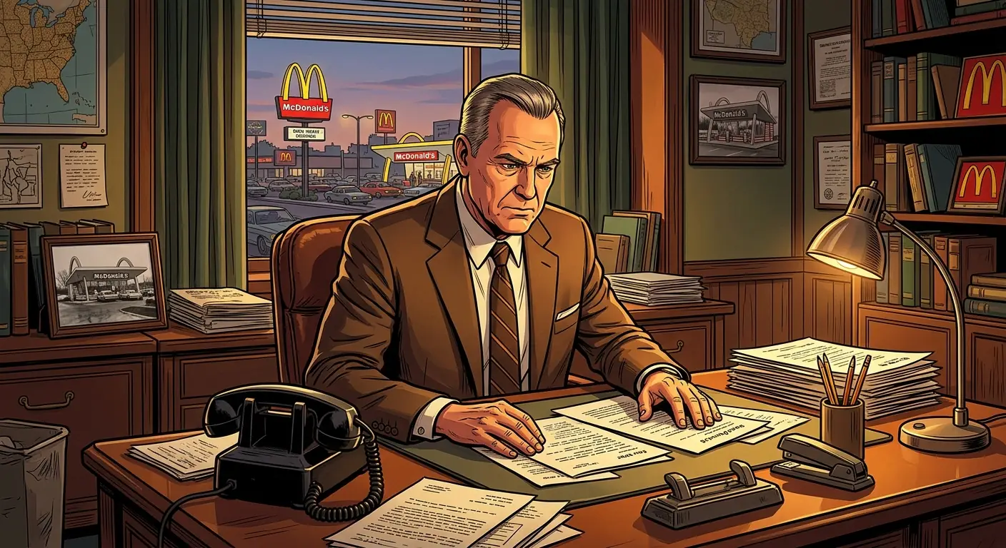 Ray Kroc looking stern and focused at a large office desk, surrounded by papers and a telephone