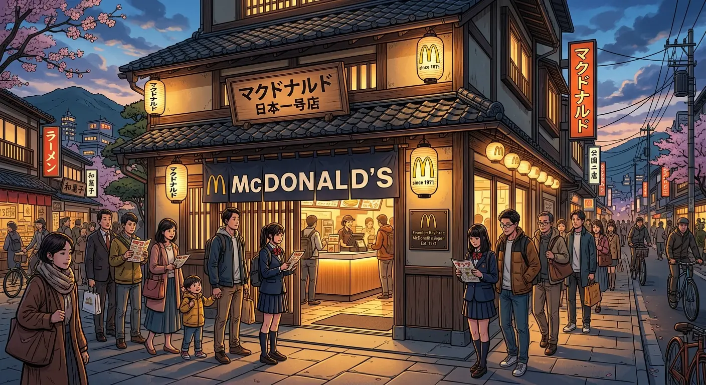 A McDonald's restaurant in Japan with traditional Japanese architecture elements, people queuing