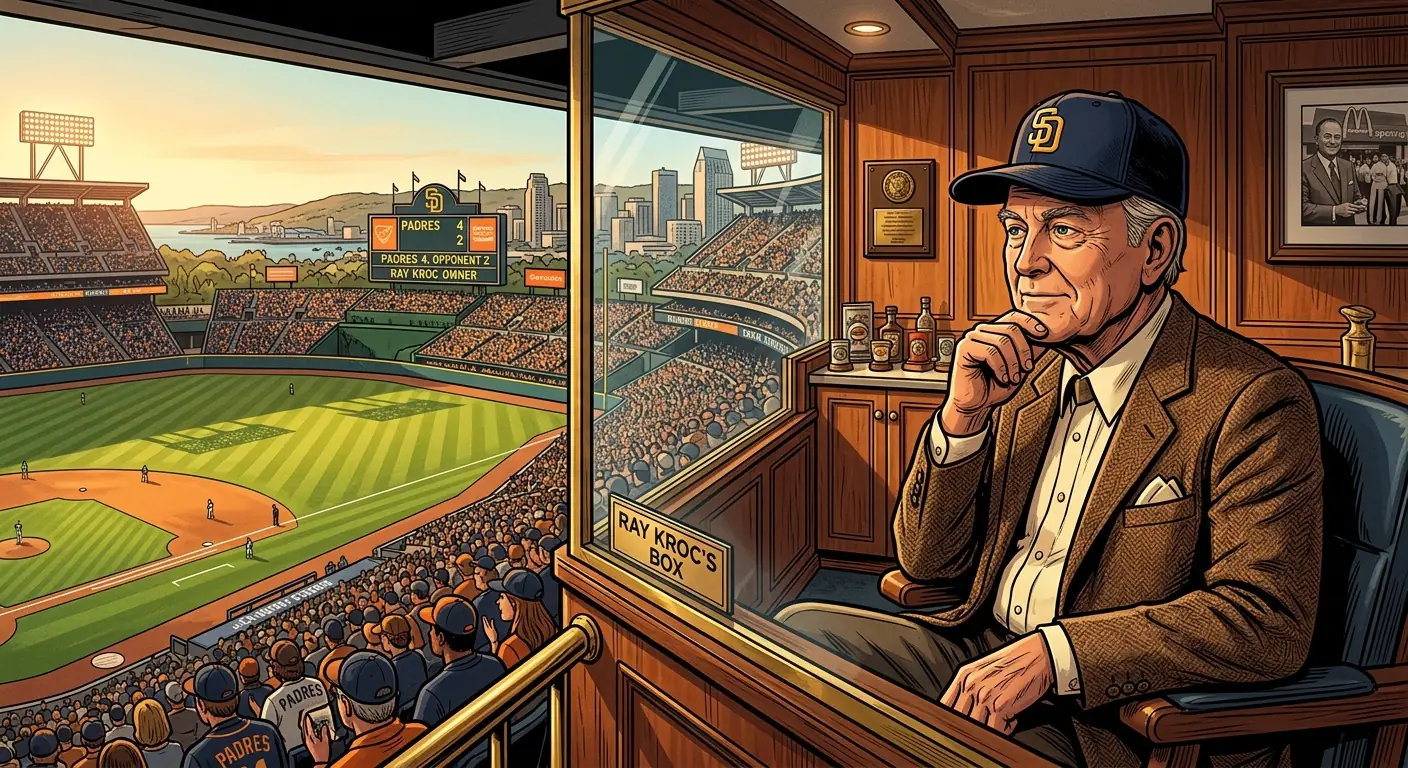 An older Ray Kroc, looking thoughtful, wearing a San Diego Padres baseball cap, perhaps in a stadium box seat