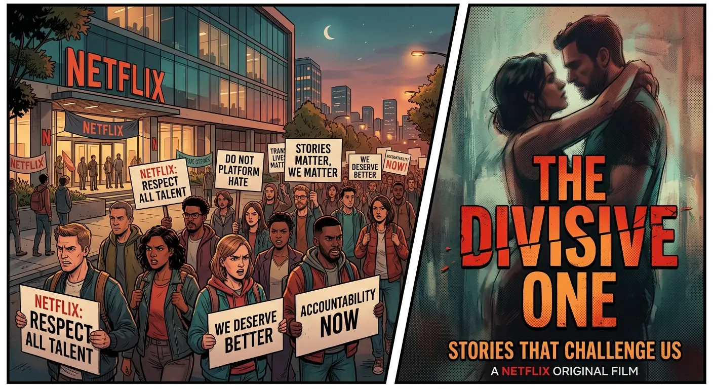 A split image: on one side, a diverse group of Netflix employees holding protest signs outside a modern office building; on the other, a stylized depiction of a controversial film or show title card with a blurred, provocative image.