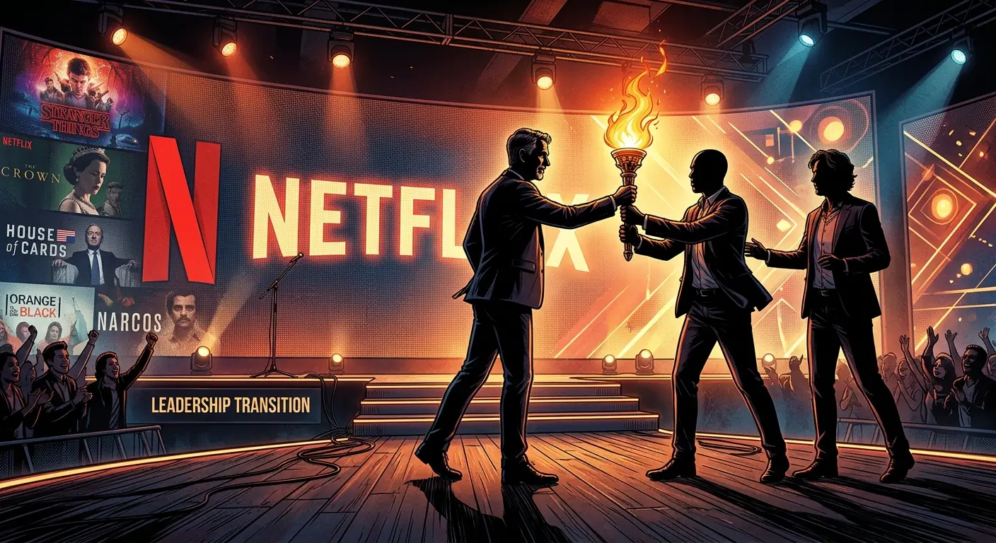 A symbolic image of a torch being passed between three silhouetted figures on a stage, with a large Netflix logo in the background, signifying leadership transition.